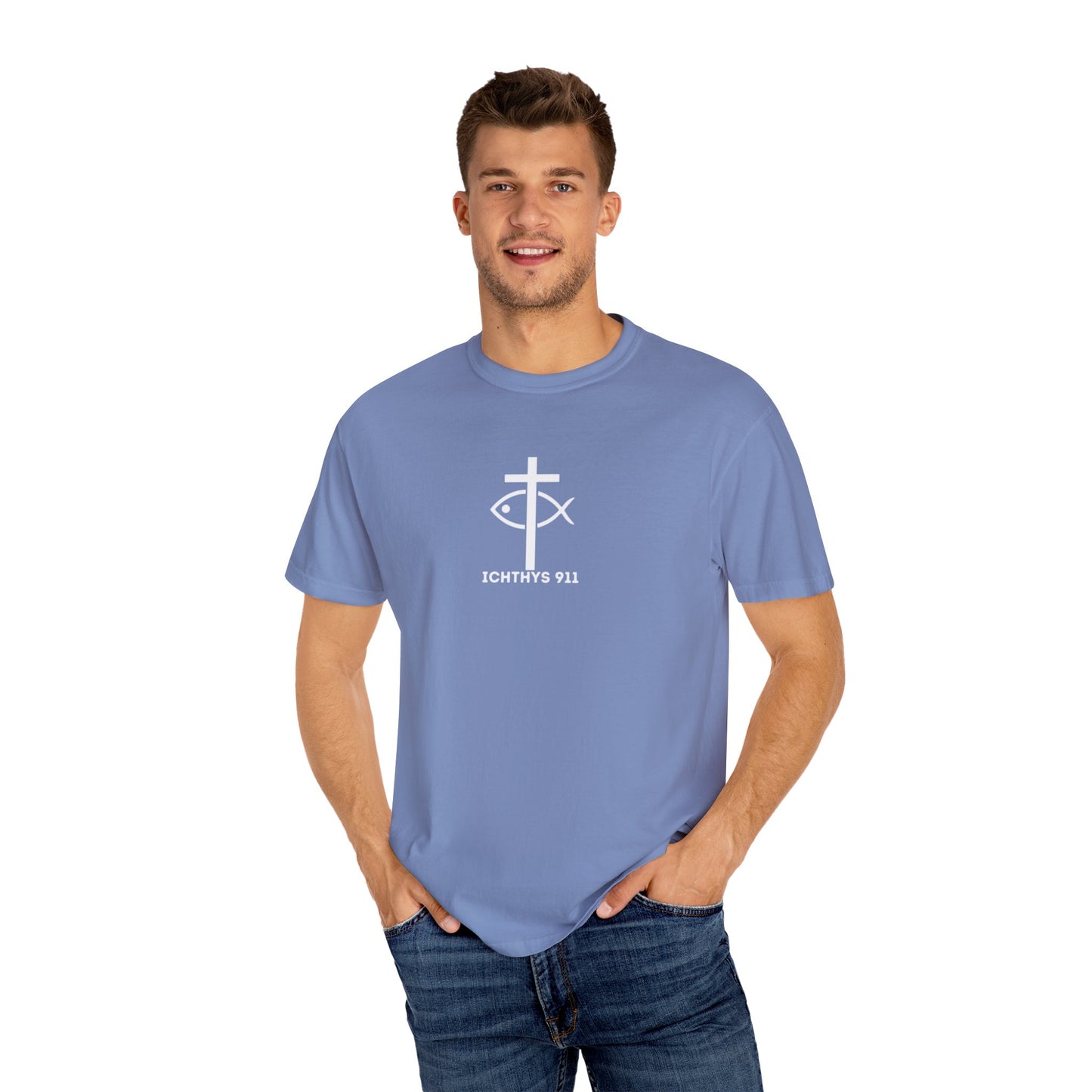 ICHTHYS 911 - White Font "Authentic" - Christian Streetwear T-Shirt – Unisex - Women T-Shirt - Men T-Shirt - Jesus Gym & Faith Fashion, Unisex Garment-Dyed T-Shirt