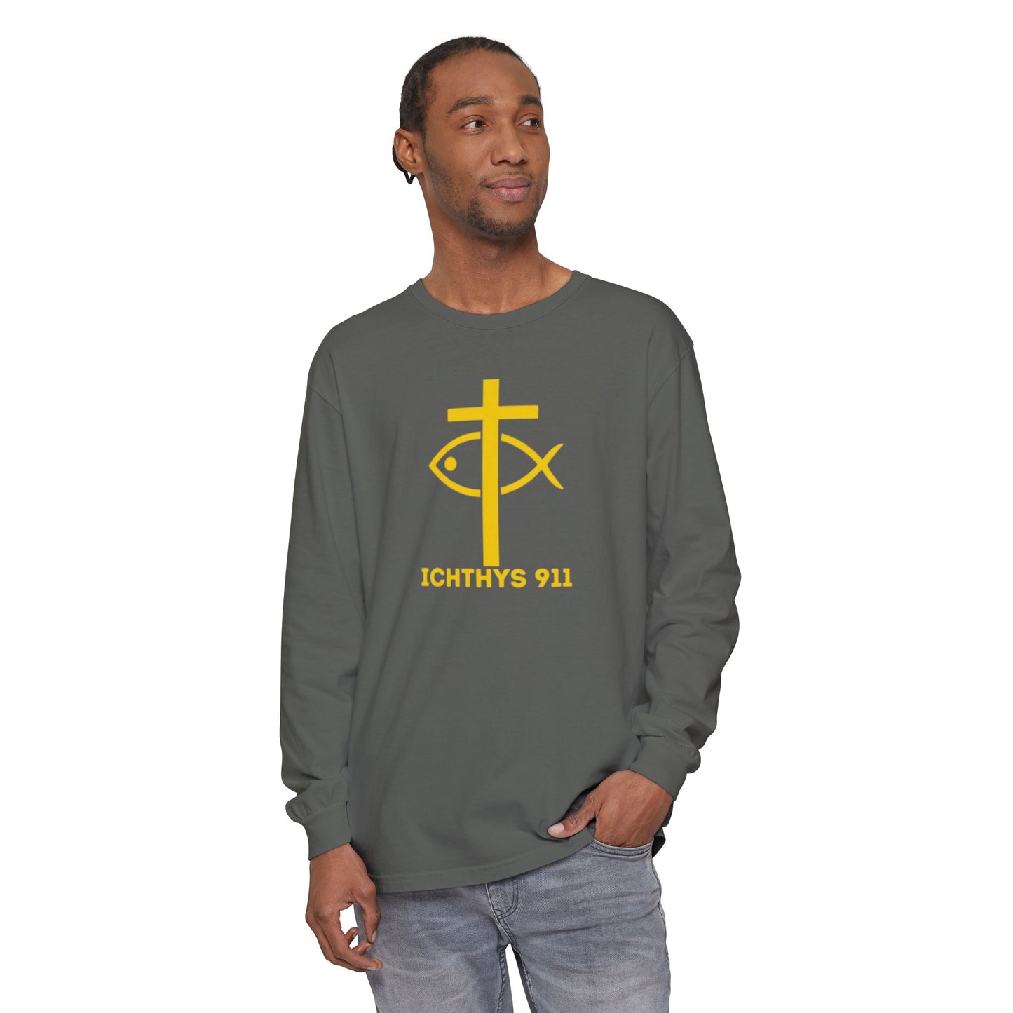 Authentic ICHTHYS 911 Collection -  Gold Font - Unisex Garment Dyed Long Sleeve T-Shirt - Men Long Sleeve - Women Long Sleeve - Christian Faith Symbol Tee - Faith Inspired