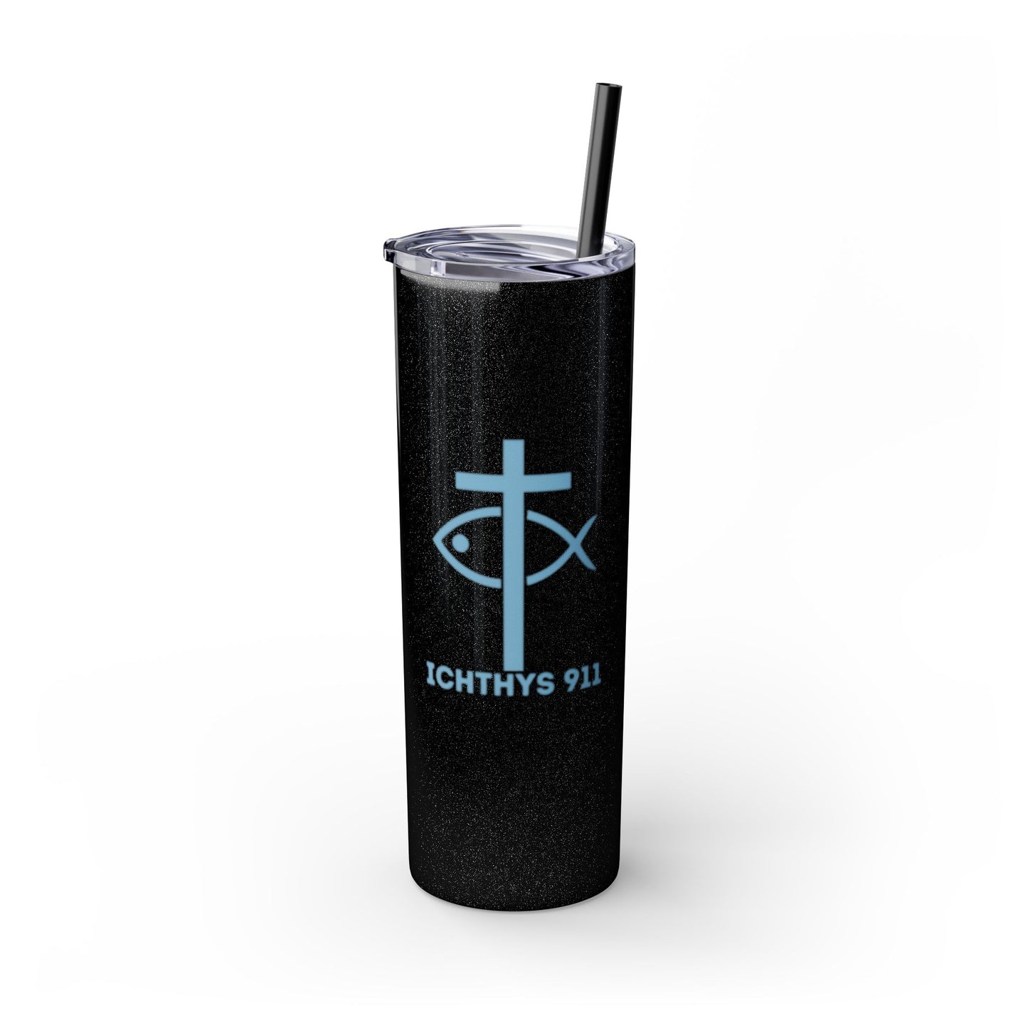 ICHTHYS 911 - Blue Font - Faith-Inspired Skinny Tumbler with Straw - 20oz Baby Shower Drip