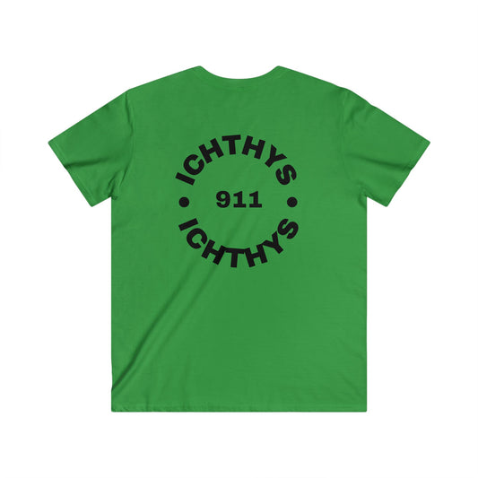 Authentic Round Collection - Men's Fitted V-Neck Short Sleeve T - Shirt - Faith-Inspired - Christian Faith - Black Font-  ICHTHYS 911