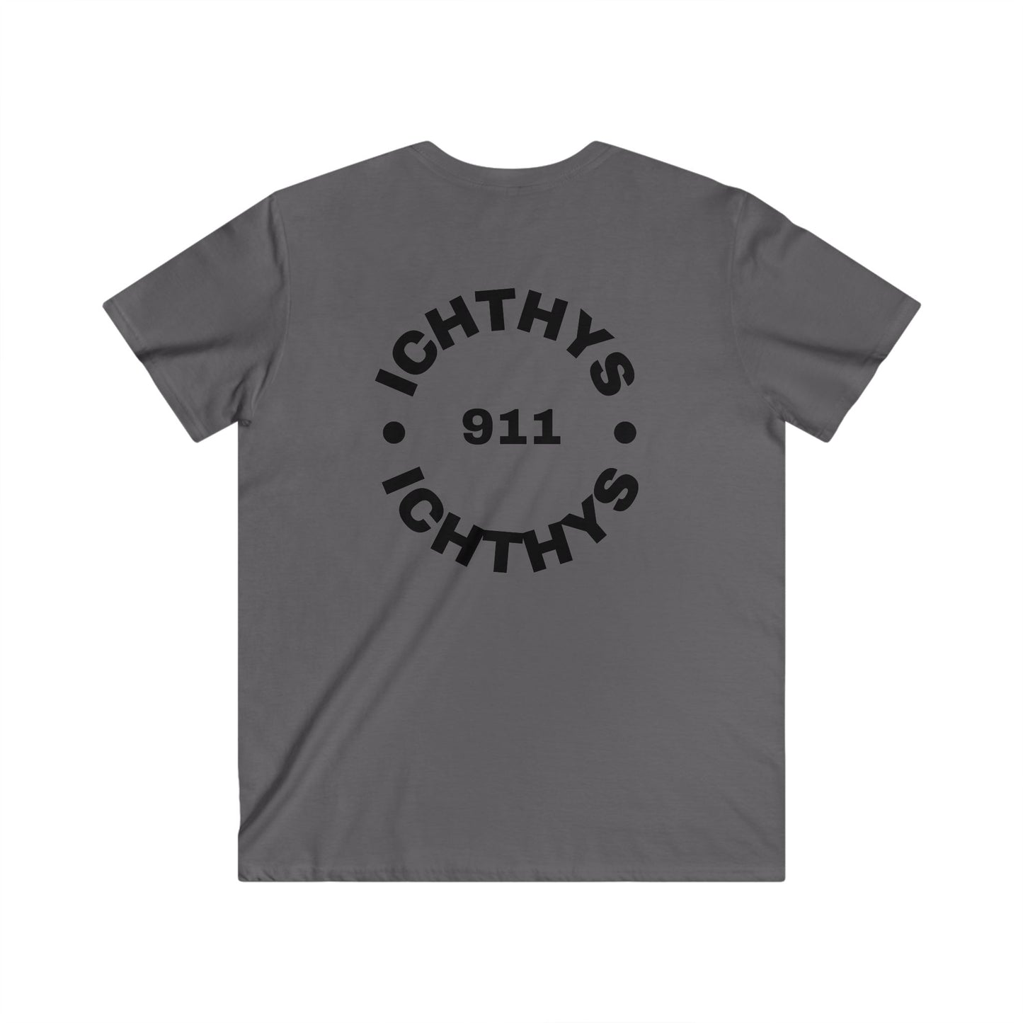Authentic Round Collection - Men's Fitted V-Neck Short Sleeve T - Shirt - Faith-Inspired - Christian Faith - Black Font-  ICHTHYS 911