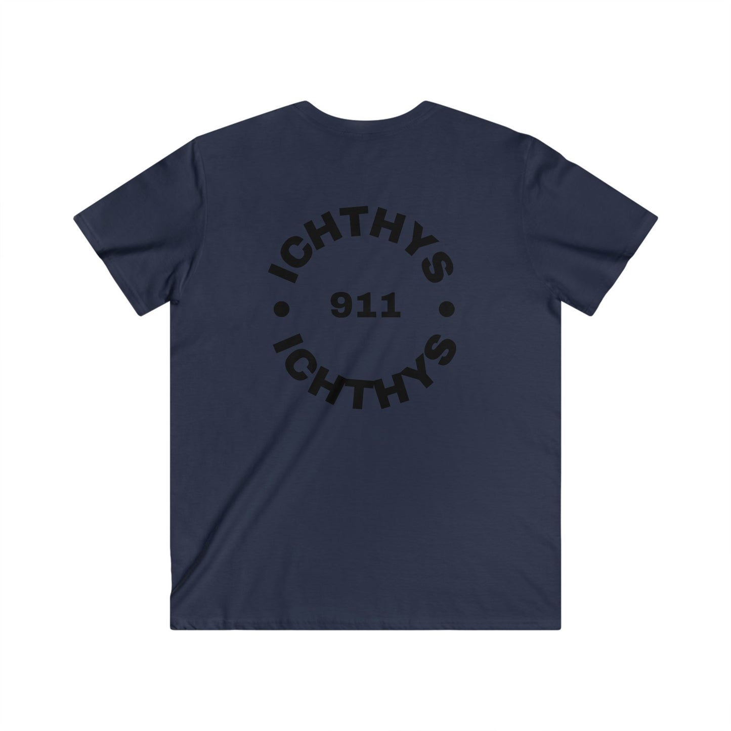 Authentic Round Collection - Men's Fitted V-Neck Short Sleeve T - Shirt - Faith-Inspired - Christian Faith - Black Font-  ICHTHYS 911