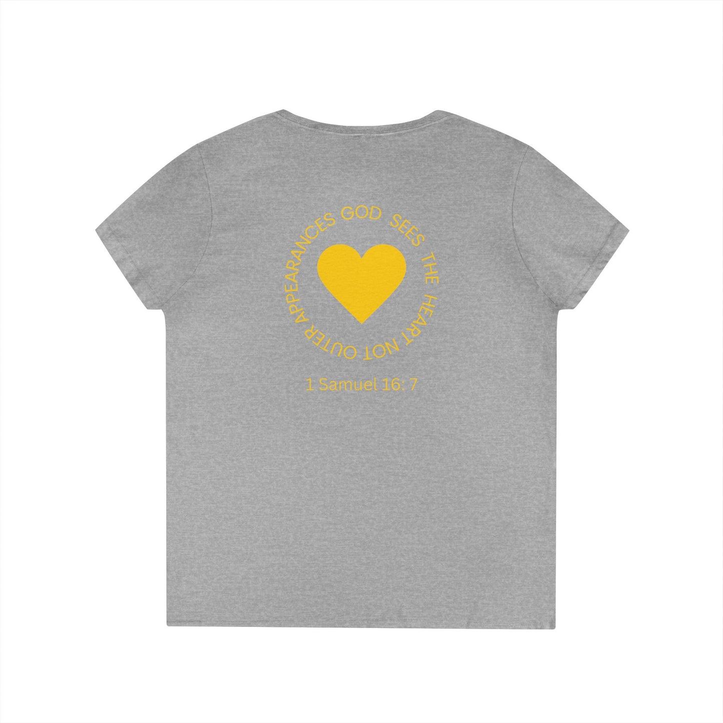 God Sees The Heart Gold Font Women’s Faith-Inspired V-Neck T-Shirt - ICHTHYS 911 Design911 Design