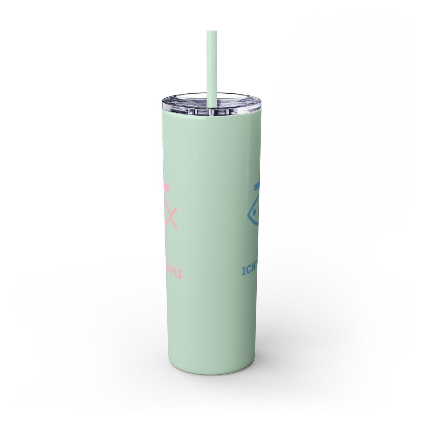 ICHTHYS 911 Pink & Blue Faith-Inspired Skinny Tumbler with Straw - 20oz Baby Shower Drip - Party Favor