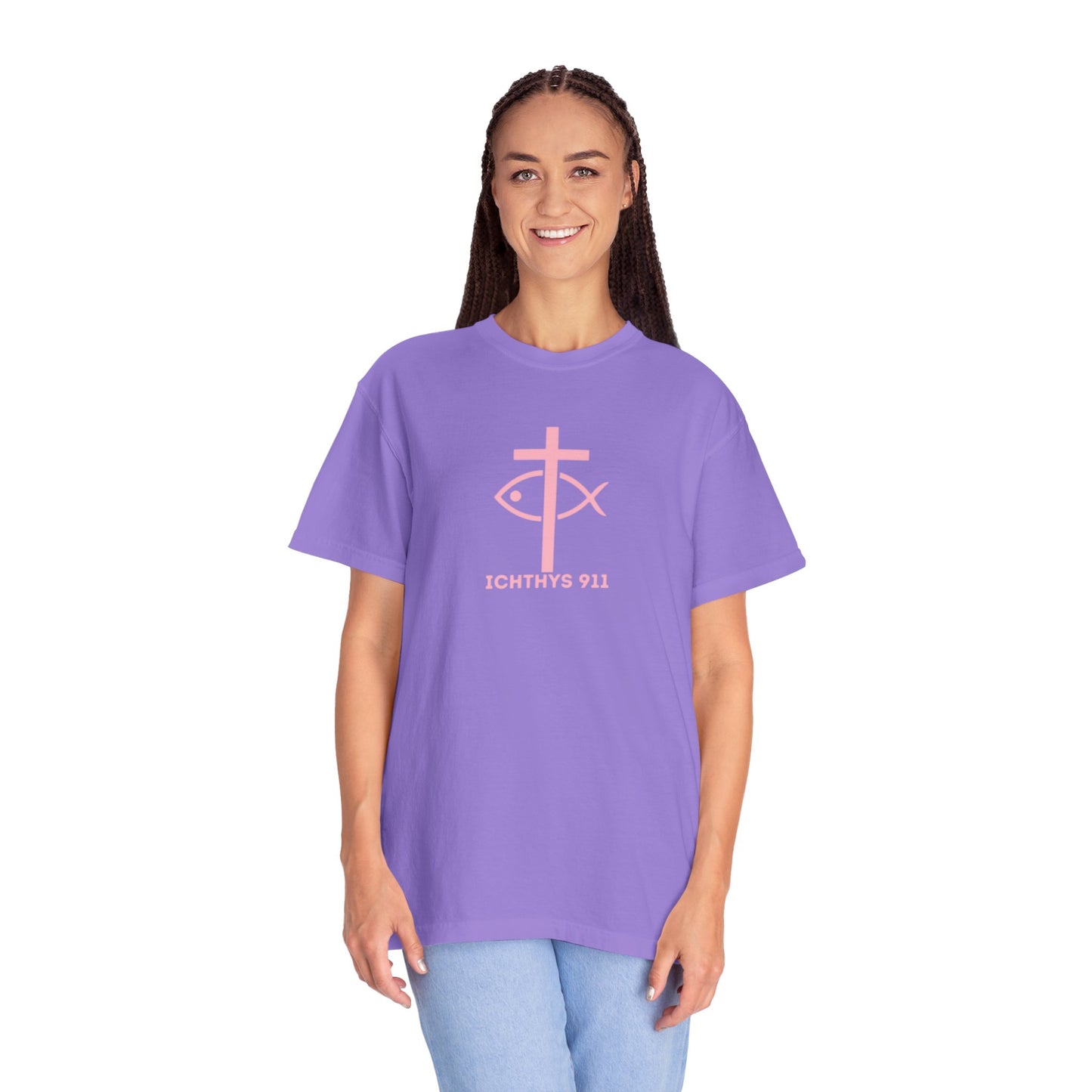 ICHTHYS 911 Pink Font "Faith, Hope, & Love" - Unisex Garment Dyed T-Shirt - 100% US Cotton - Men T-Shirt - Christian Women Tee - Faith-Inspired Shirt - Christian Fashion - Wear Your Faith - Additional Colors Added