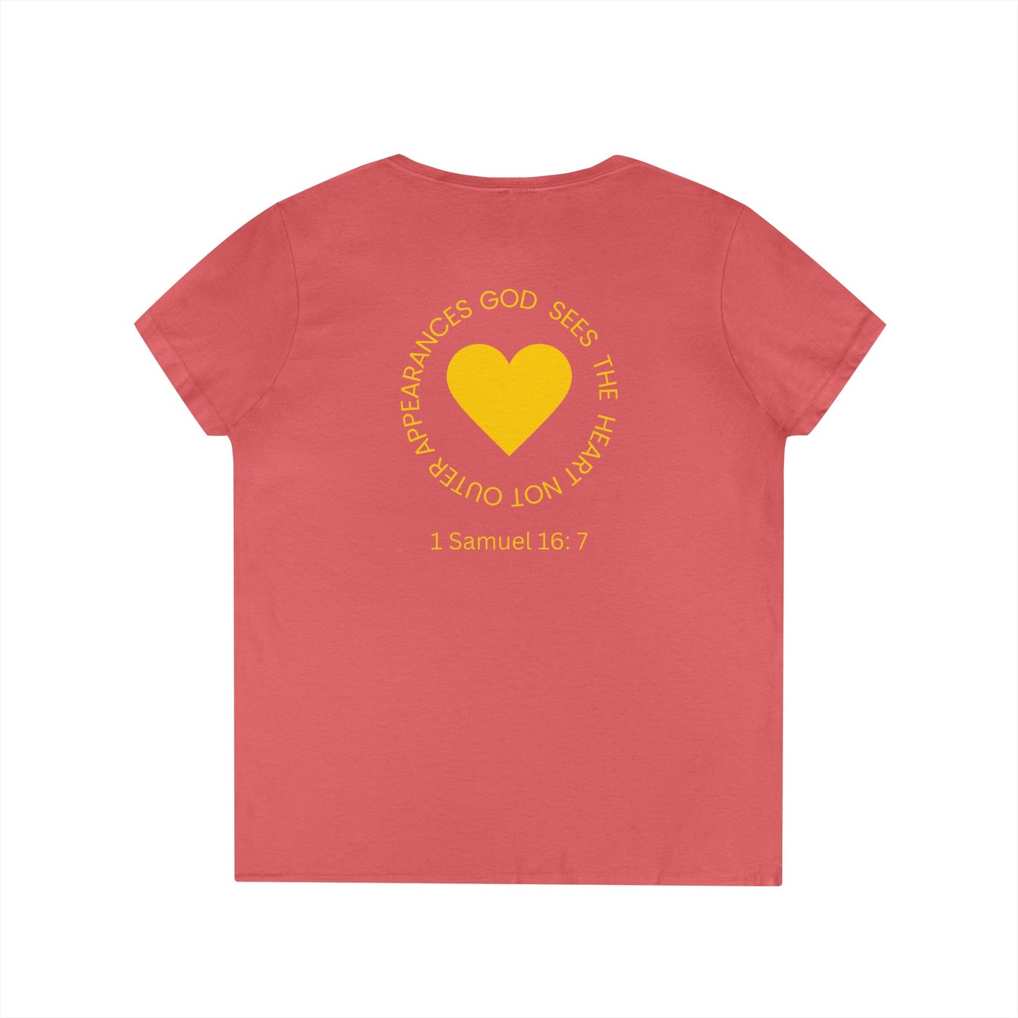 God Sees The Heart Gold Font Women’s Faith-Inspired V-Neck T-Shirt - ICHTHYS 911 Design911 Design