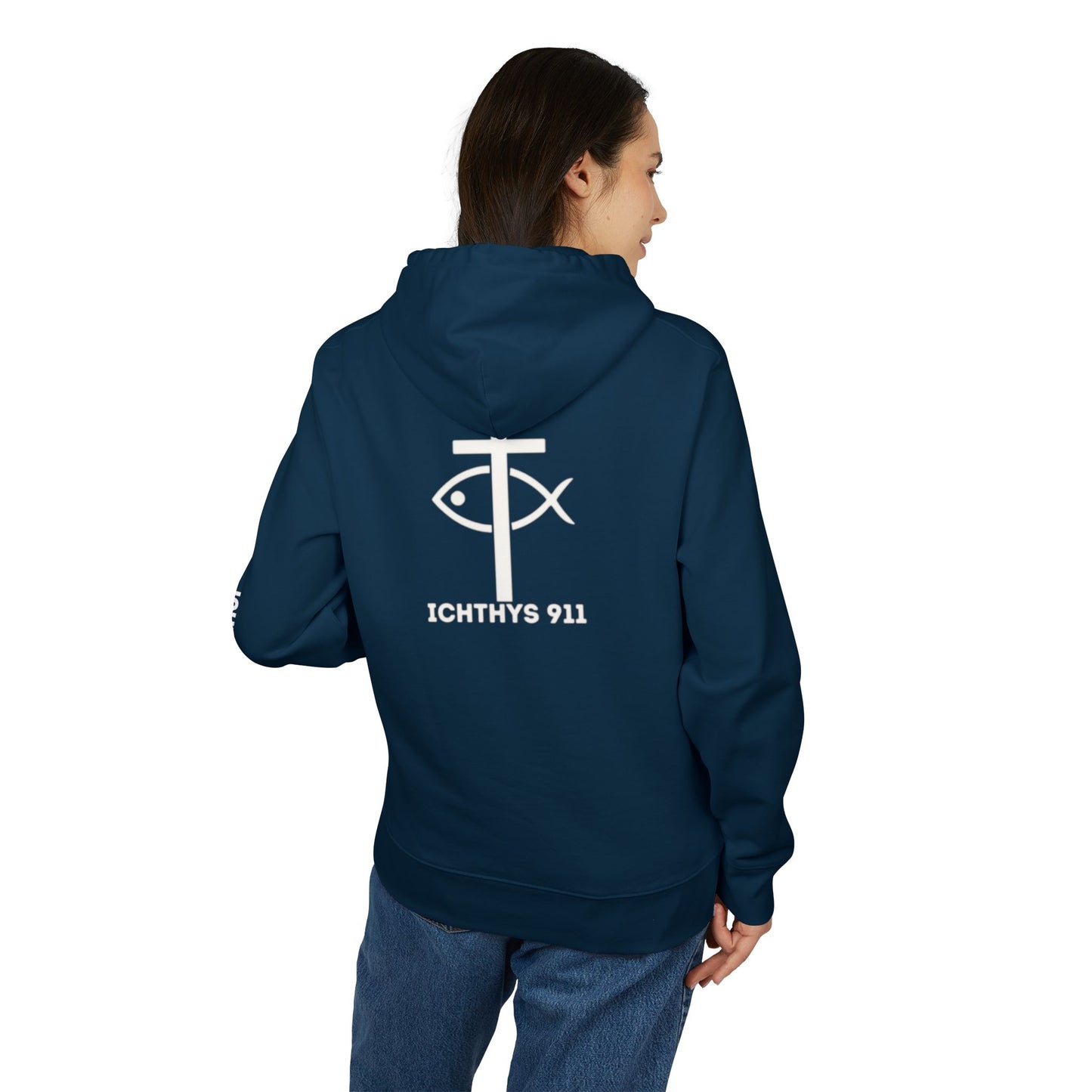 ICHTHYS 911 Hoodie – Unisex Pullover -White Font - Black Font on White - Heavy Fabric - ICHTHYS 911 Logo on Front & Back - 100% Organic