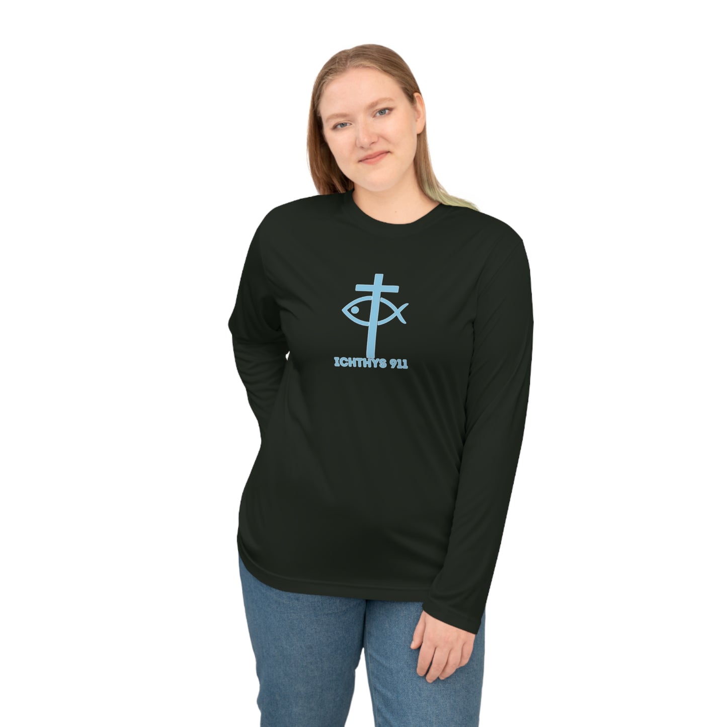 ICHTHYS 911 - Blue Font "13th Disciple" Unisex Performance Long Sleeve Shirt - 100% Moisture-Wicking Polyester - Men - Women - Christian Activewear Blue Font