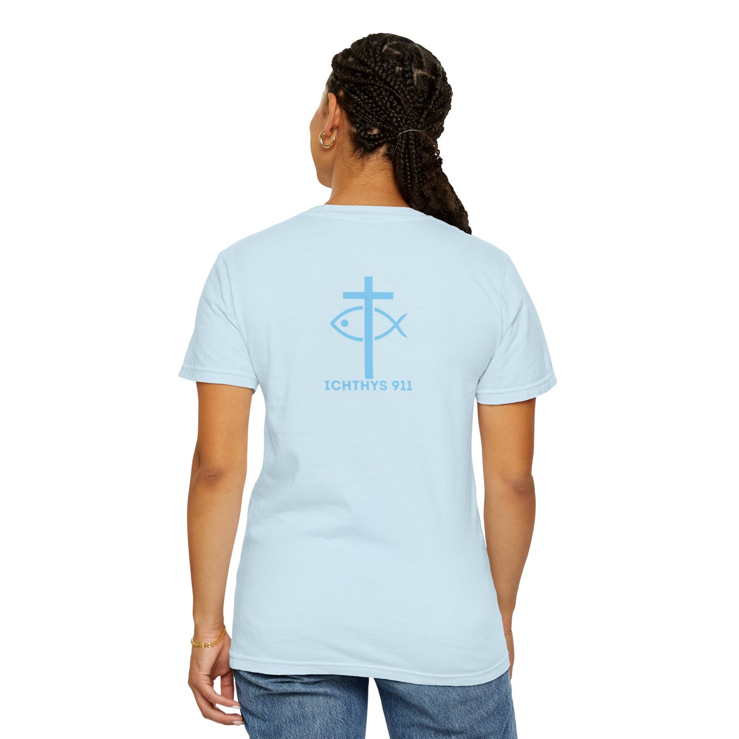 ICHTHYS 911 Blue & Black Font "Iēsous Christos, Theou Yios, Sōtēr" - Collection - Reverse Design - Unisex Garment Dyed - 100% US Cotton - Christian Graphic Tee - Gym - T - Christian Faith - Jesus Wear - Women T-Shirt - Men T-Shirt