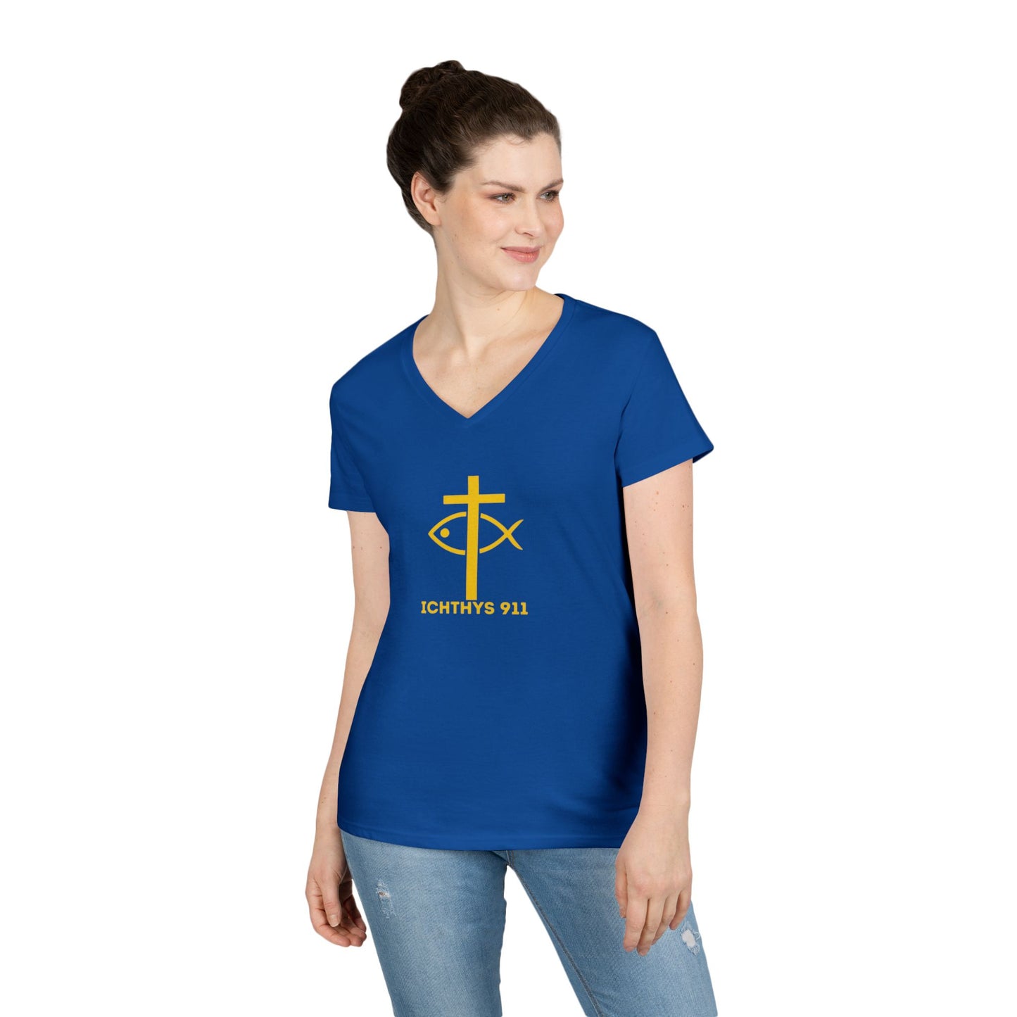 God Sees The Heart Gold Font Women’s Faith-Inspired V-Neck T-Shirt - ICHTHYS 911 Design911 Design