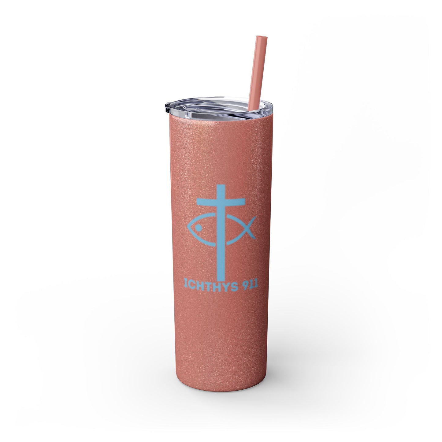 ICHTHYS 911 Pink & Blue Faith-Inspired Skinny Tumbler with Straw - 20oz Baby Shower Drip - Party Favor
