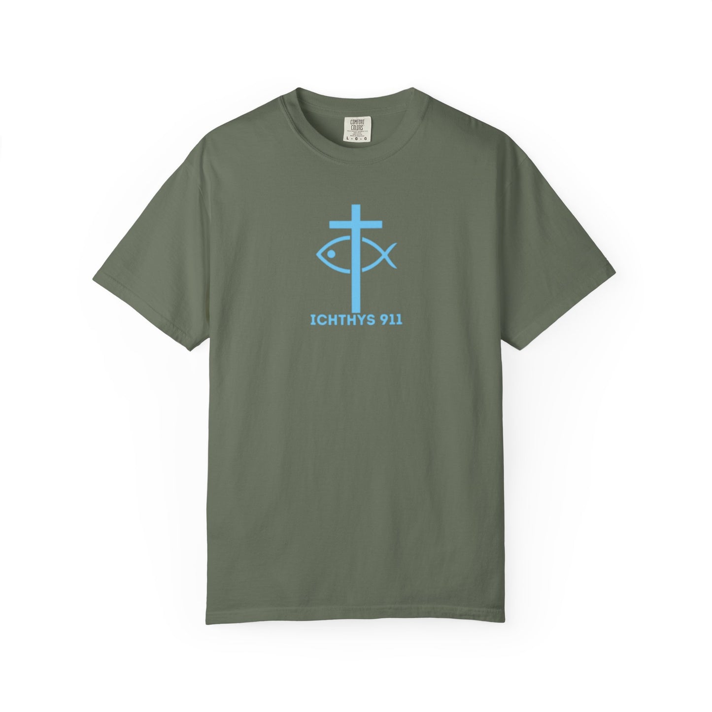 Jesus Christ Son of God Savior - Blue Font - Christian Streetwear T-Shirt – Jesus Gym & Faith Fashion, Unisex Garment-Dyed T-Shirt, ICHTHYS911, Men T-Shirt, Women T-Shirt