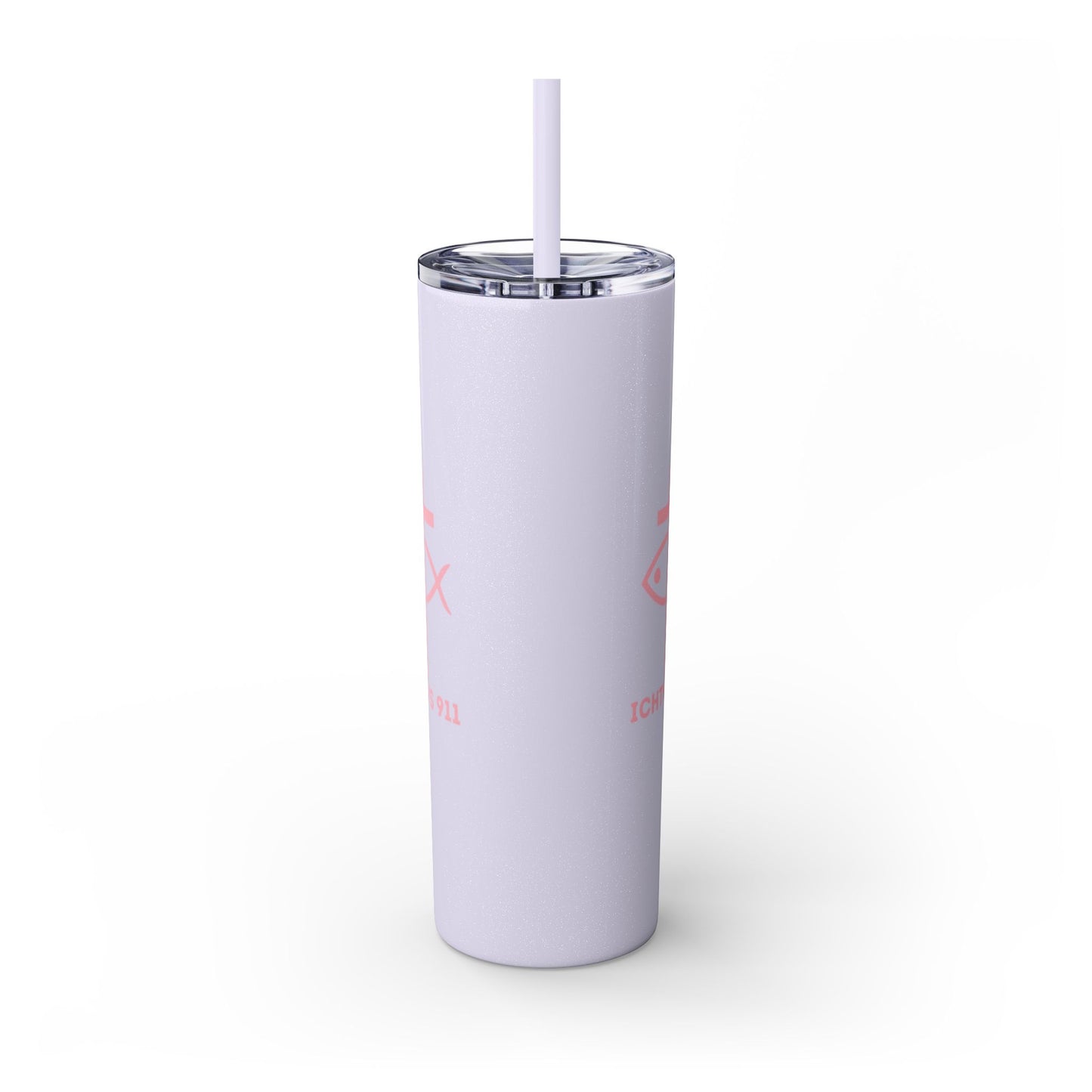 ICHTHYS 911 Pink Font Faith-Inspired Skinny Tumbler with Straw - 20oz