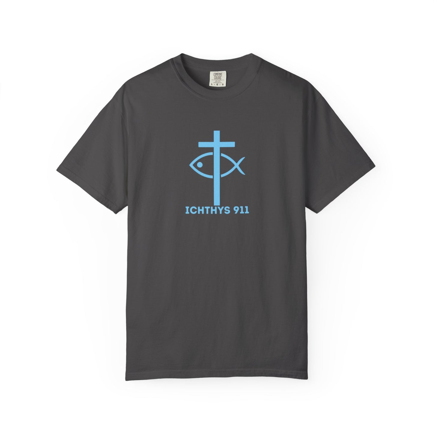 Jesus Christ Son of God Savior - Blue Font - Unisex Garment Dyed T- Shirt - Men T-Shirt - Women T-Shirt - Christian Streetwear T-Shirt – Jesus Gym & Faith Fashion - ICHTHYS 911