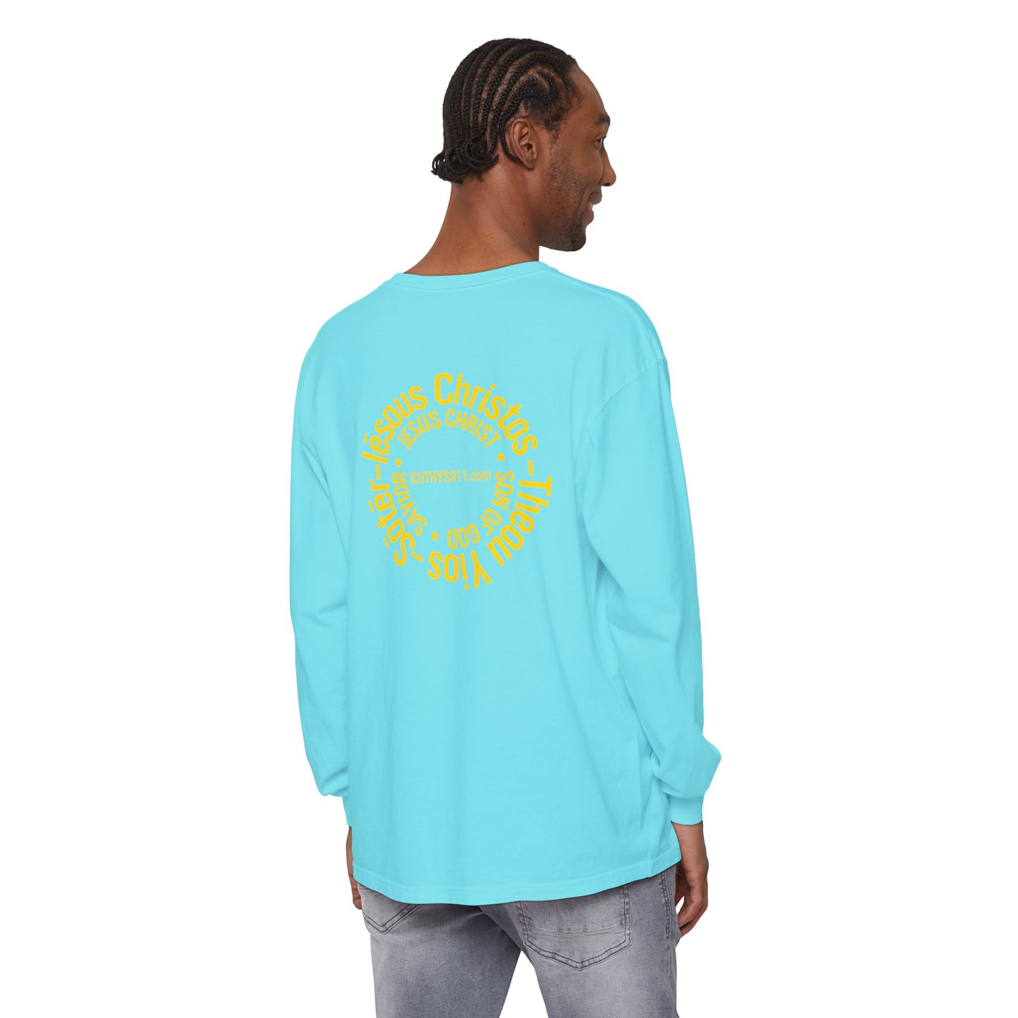 Authentic ICHTHYS 911 Collection -  Gold Font - Unisex Garment Dyed Long Sleeve T-Shirt - Men Long Sleeve - Women Long Sleeve - Christian Faith Symbol Tee - Faith Inspired
