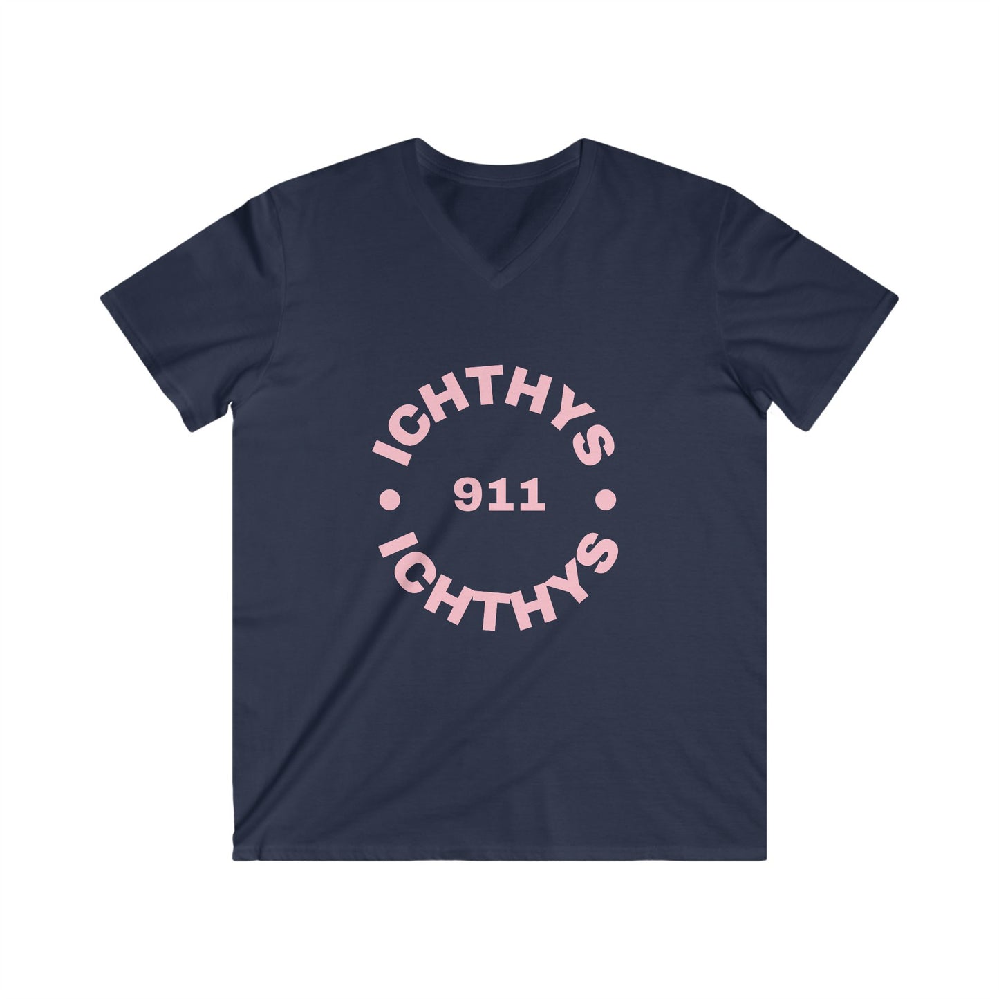 ICHTHYS 911 - Authentic Round Collection - Reverse - Men's Fitted V-Neck Short Sleeve T - Shirt - Faith-Inspired - Christian Faith - Pink Font