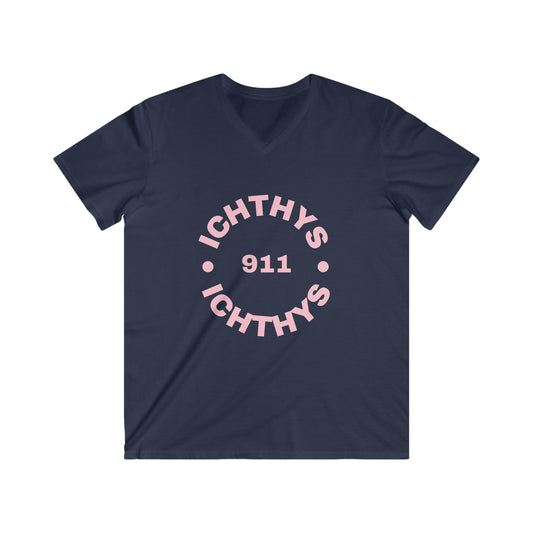 ICHTHYS 911 - Authentic Round Collection - Reverse - Men's Fitted V-Neck Short Sleeve T - Shirt - Faith-Inspired - Christian Faith - Pink Font