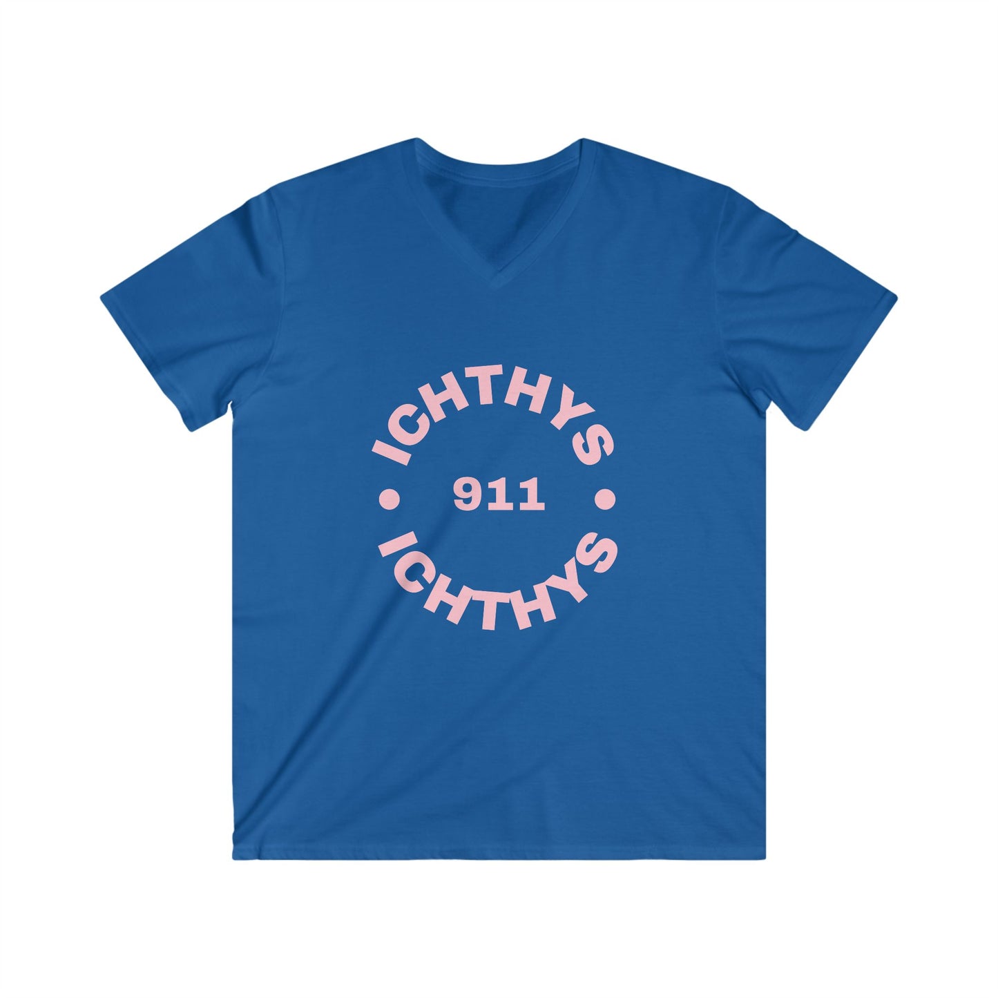 ICHTHYS 911 - Authentic Round Collection - Reverse - Men's Fitted V-Neck Short Sleeve T - Shirt - Faith-Inspired - Christian Faith - Pink Font