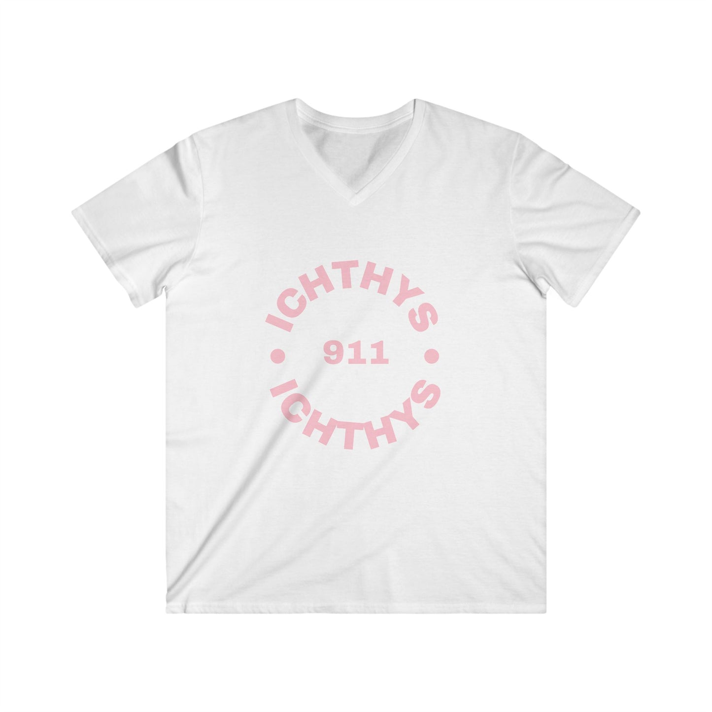 ICHTHYS 911 - Authentic Round Collection - Reverse - Men's Fitted V-Neck Short Sleeve T - Shirt - Faith-Inspired - Christian Faith - Pink Font