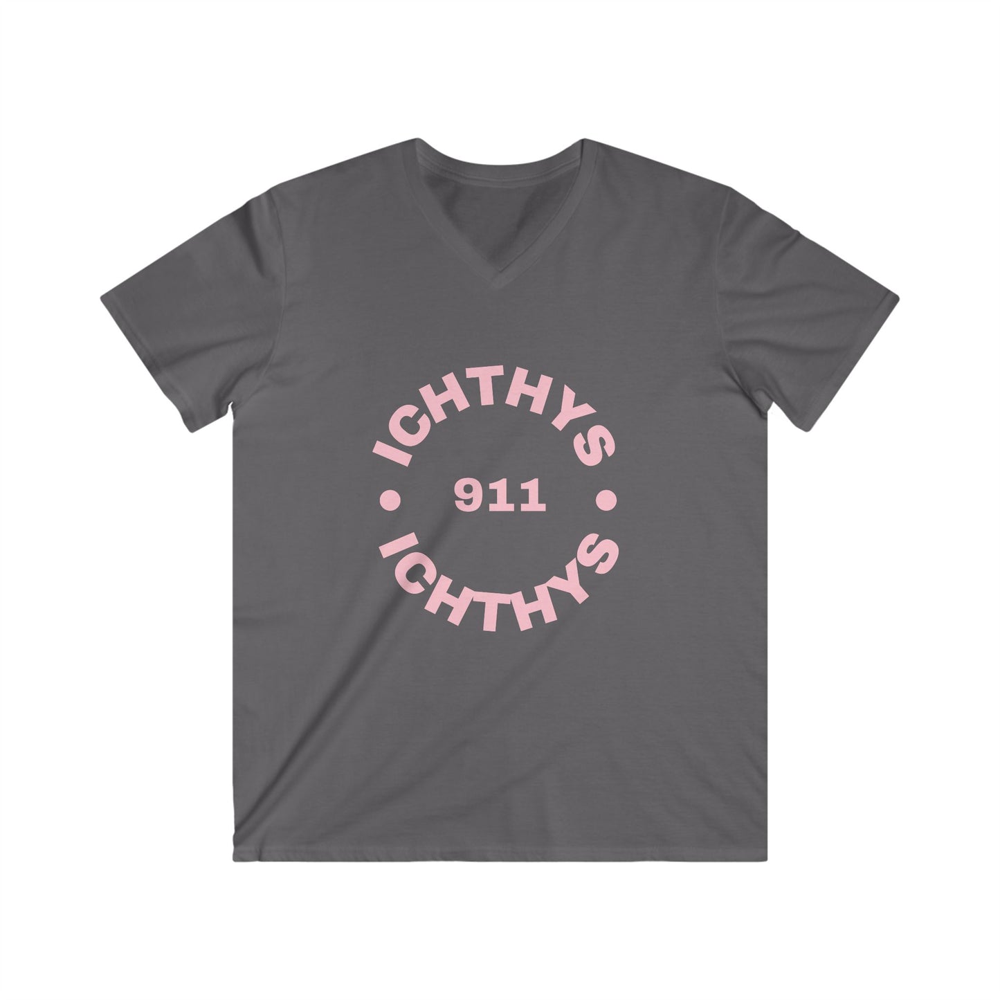 ICHTHYS 911 - Authentic Round Collection - Reverse - Men's Fitted V-Neck Short Sleeve T - Shirt - Faith-Inspired - Christian Faith - Pink Font