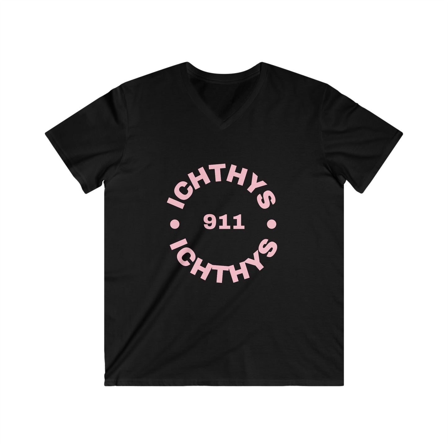 ICHTHYS 911 - Authentic Round Collection - Reverse - Men's Fitted V-Neck Short Sleeve T - Shirt - Faith-Inspired - Christian Faith - Pink Font