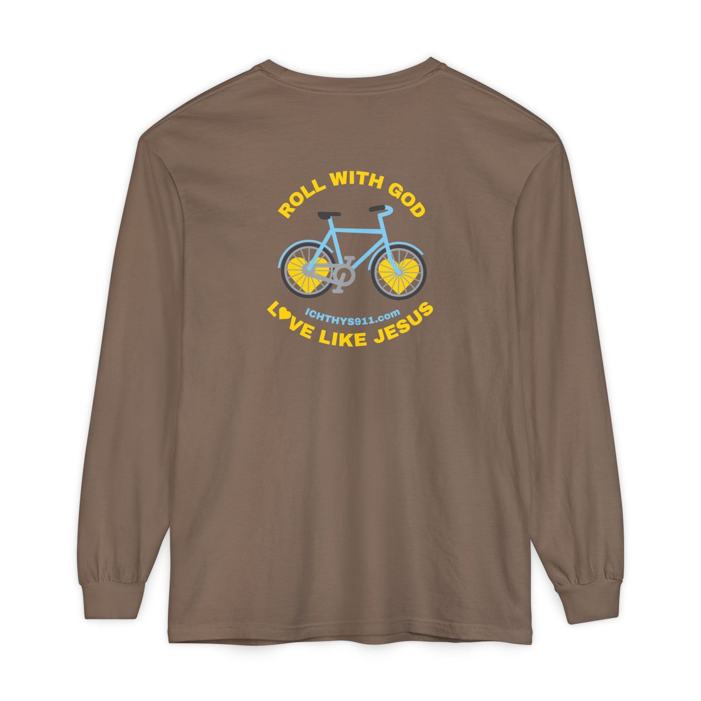 “Roll With God, Love Like Jesus” Bike Graphic -Unisex T- Shirt - Gold Font - Men T- Shirt - Women T-Shirt - Christian T-Shirt - ICHTHYS 911 - Soft - Garment-Dyed