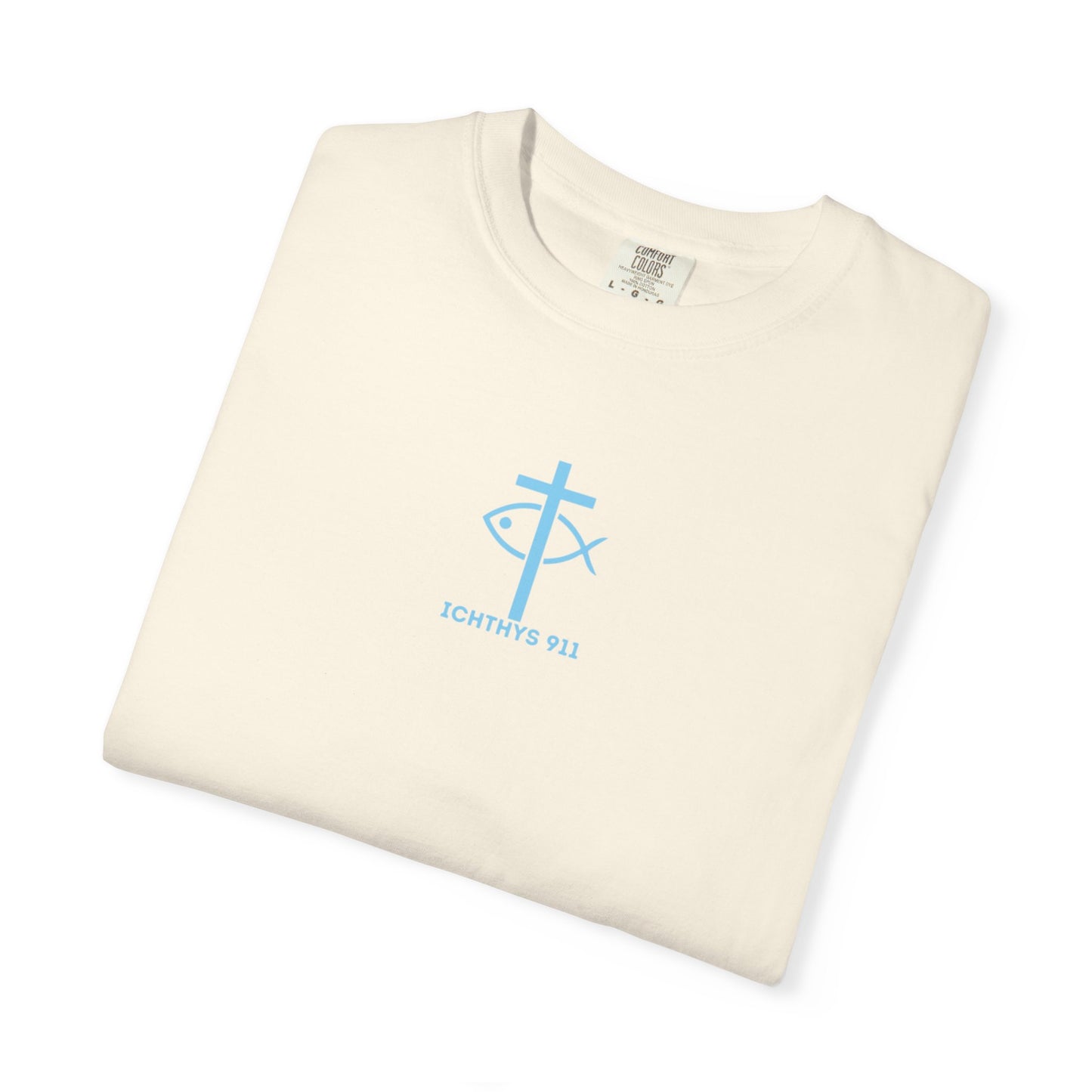 ICHTHYS 911 - Blue Font - Vendor - "Iēsous Christos, Theou Yios, Sōtēr" - Garment-Dyed Unisex T-Shirt - Men T-Shirt - Women T-Shirt - Christian Symbol - Greek - Faith Inspired -Christian Streetwear – Jesus Gym & Faith Fashion, Unisex Garment