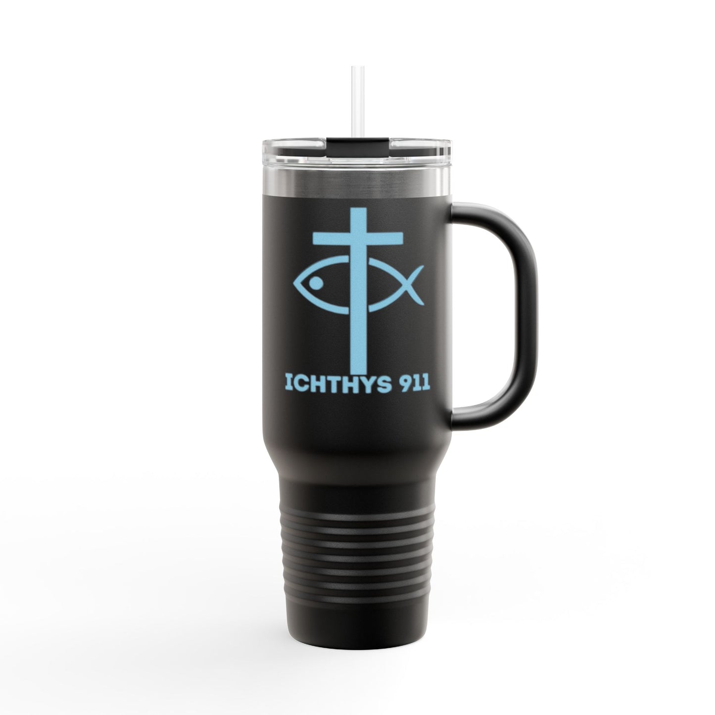 Faith-Inspired Insulated Travel Mug - 40oz with ICHTYS 911 Design