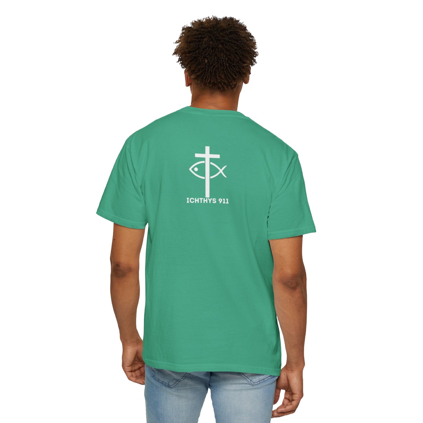 ICHTHYS 911 - "God Sees the Heart" Reverse Design - White Font - Unisex Garment - Dyed T-Shirt - 100% US Cotton - Men T-Shirt - Women T-Shirt - Inspirational Graphic T-Shirt for Everyday Motivation