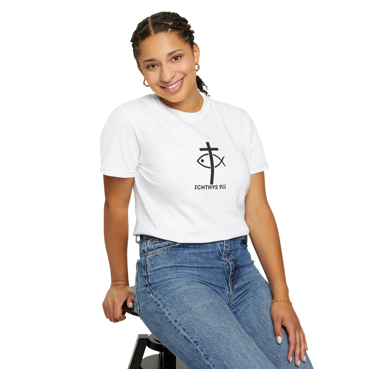 ICHTHYS 911 - 13th Disciple Collection - Christian Streetwear T-Shirt / Sweatshirt – Jesus Gym & Faith Fashion, Unisex Garment-Dyed T-Shirt White Font