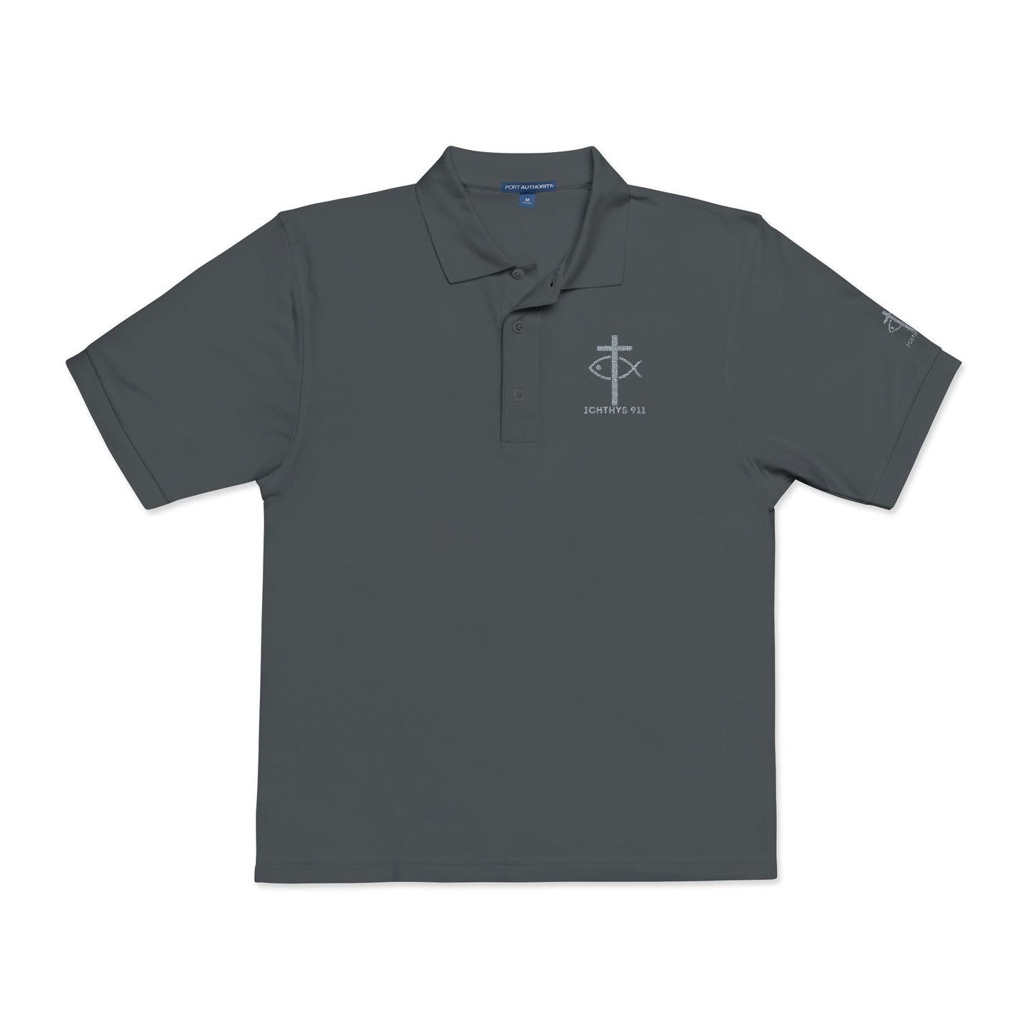 ICHTHYS 911 - Blue Font - "Iēsous Christos, Theou Yios, Sōtēr" - Stylish Unisex Polo Shirt with Elegant Embroidery | Perfect for Casual Outings and Event- Women - Men