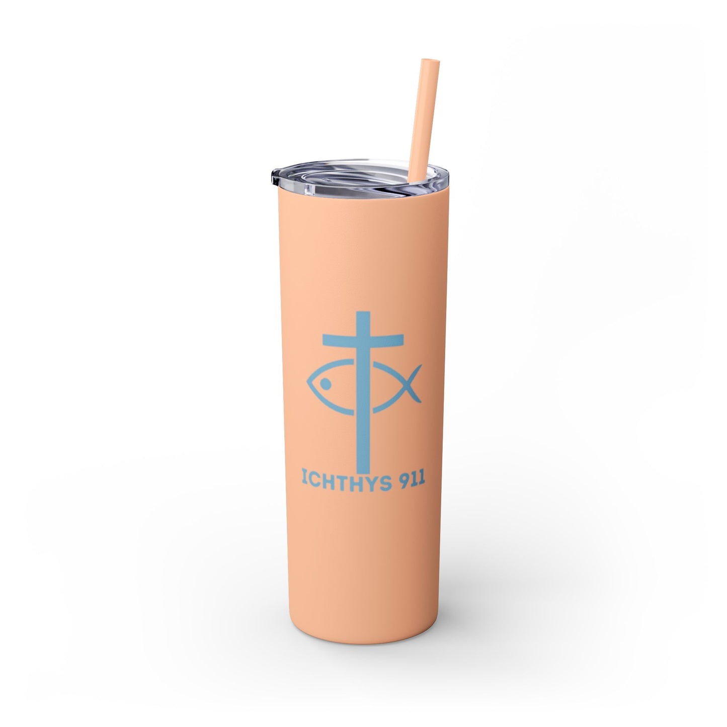 ICHTHYS 911 - Blue Font - Faith-Inspired Skinny Tumbler with Straw - 20oz Baby Shower Drip