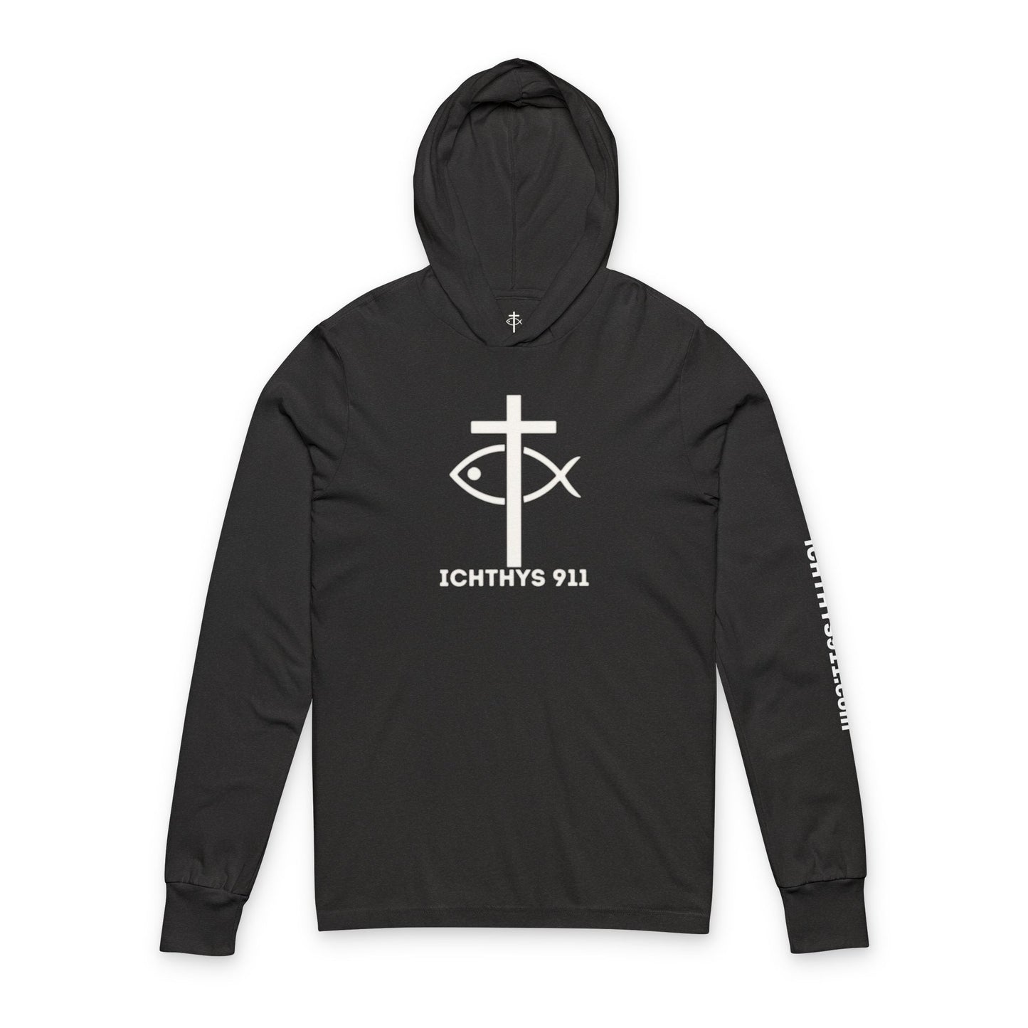 Iēsous Christos, Theou Yios, Sōtēr = Jesus Christ, Son of God, Savior - Unisex - Hooded long Sleeve T - ICHTHYS 911
