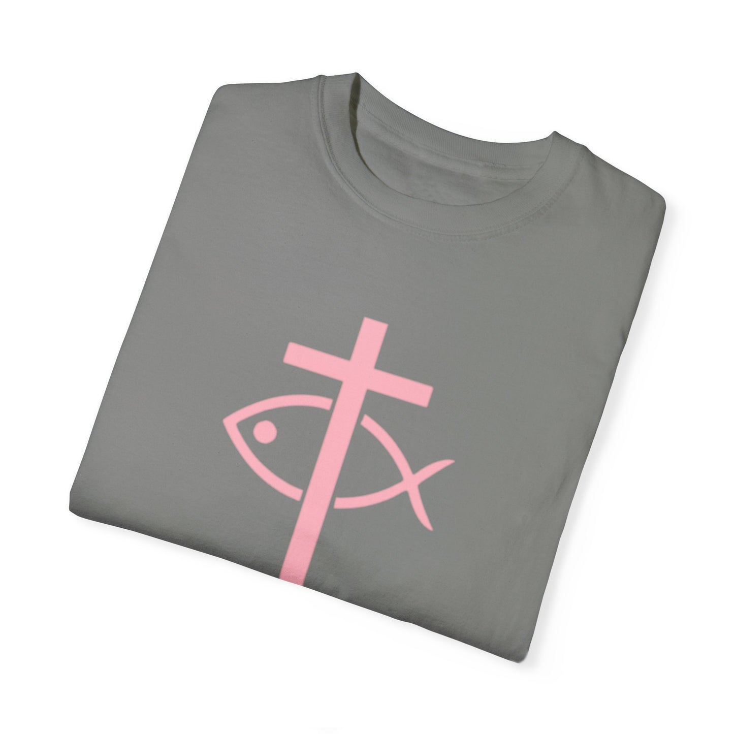 ICHTHYS 911 - Authentic - W/O IC 911 on Back -Christian Streetwear T-Shirt – Jesus Gym & Faith Fashion, Unisex Garment-Dyed T-Shirt Soft Pink Font