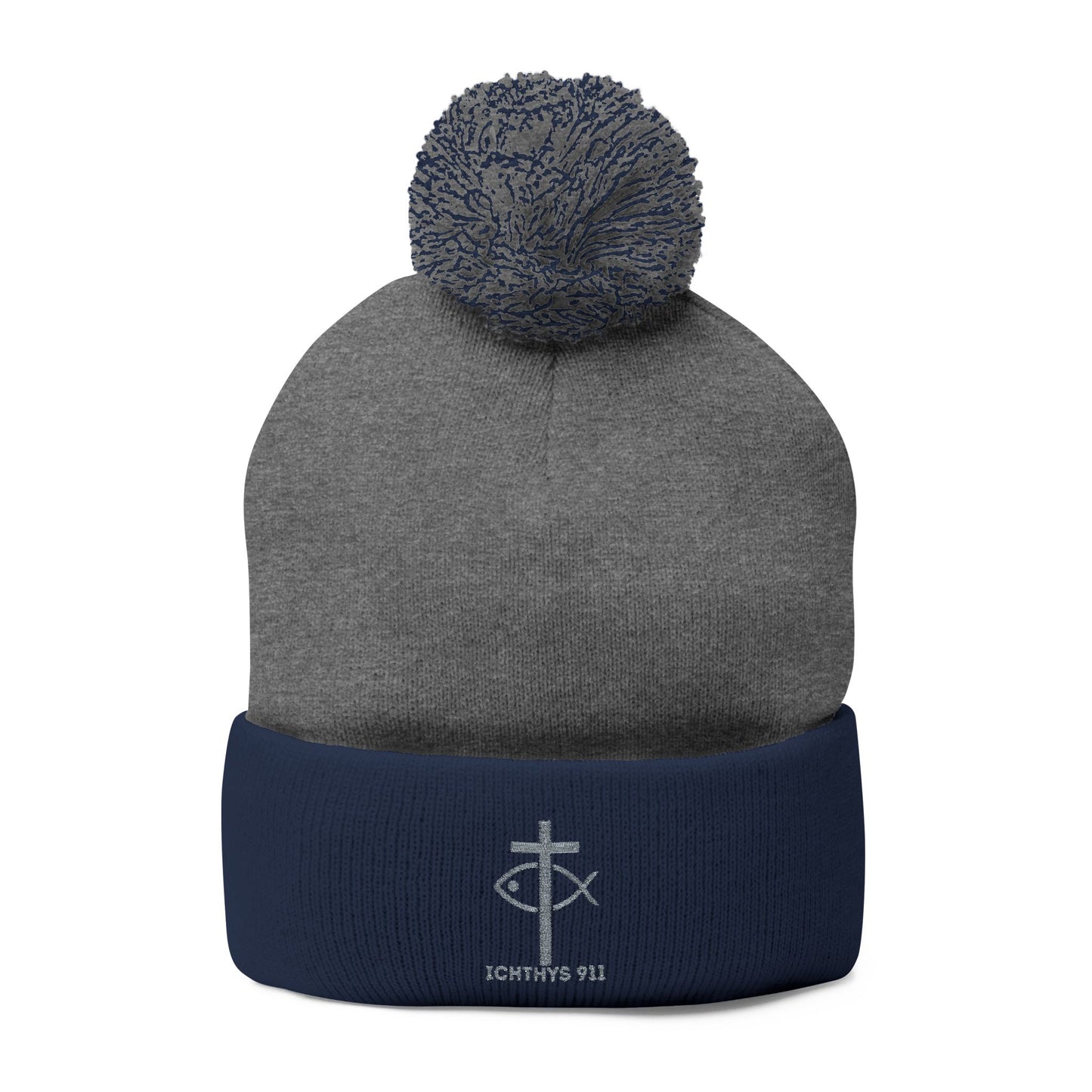 Cozy Pom-Pom Knit Cap | Winter Accessory with Embroidery - Christian Faith Wear - ICHTHYS 911 Design