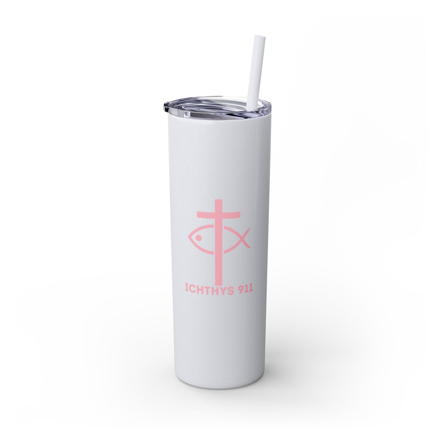 ICHTHYS 911 Pink Font Faith-Inspired Skinny Tumbler with Straw - 20oz