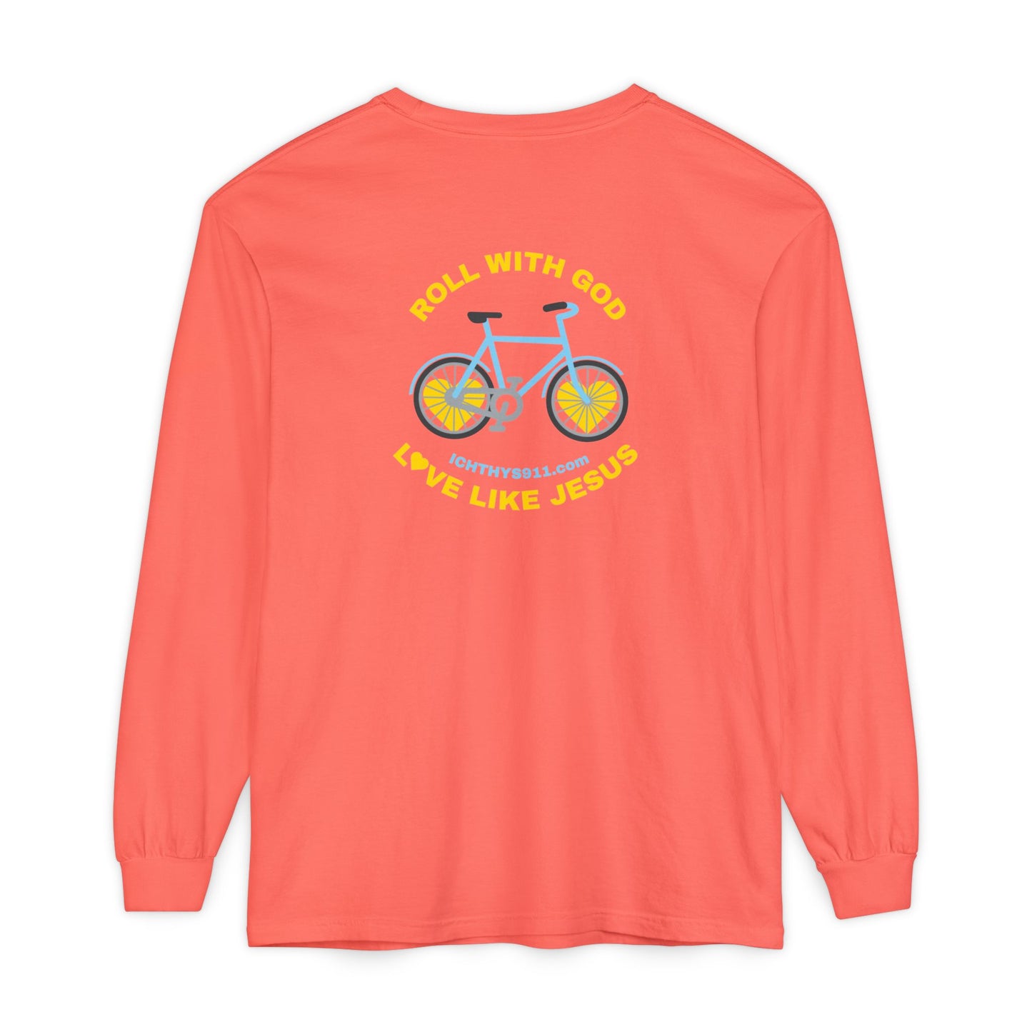 “Roll With God, Love Like Jesus” Bike Graphic -Unisex T- Shirt - Gold Font - Men T- Shirt - Women T-Shirt - Christian T-Shirt - ICHTHYS 911 - Soft - Garment-Dyed