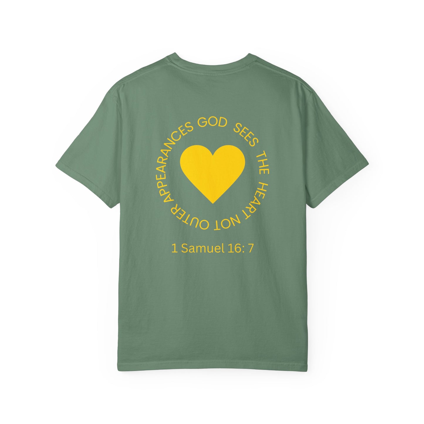 ICHTHYS 911 - "God Sees the Heart" Reverse' Gold Font - Unisex Garment - Dyed T-Shirt - 100% US Cotton - Men T-Shirt - Women T-Shirt - Inspirational Graphic T-Shirt for Everyday Motivation
