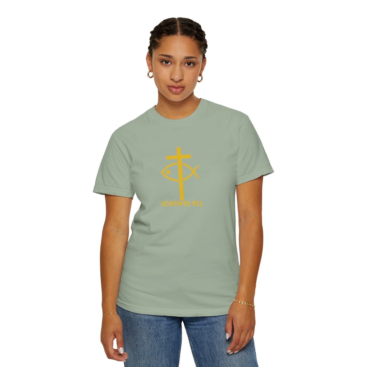 "Jesus Christ Son of God Savior" - Gold Font - Unisex Garment Dyed T- Shirt - Men T-Shirt - Women T-Shirt - Christian Streetwear T-Shirt – Jesus Gym & Faith Fashion,ICHTHYS 911 -