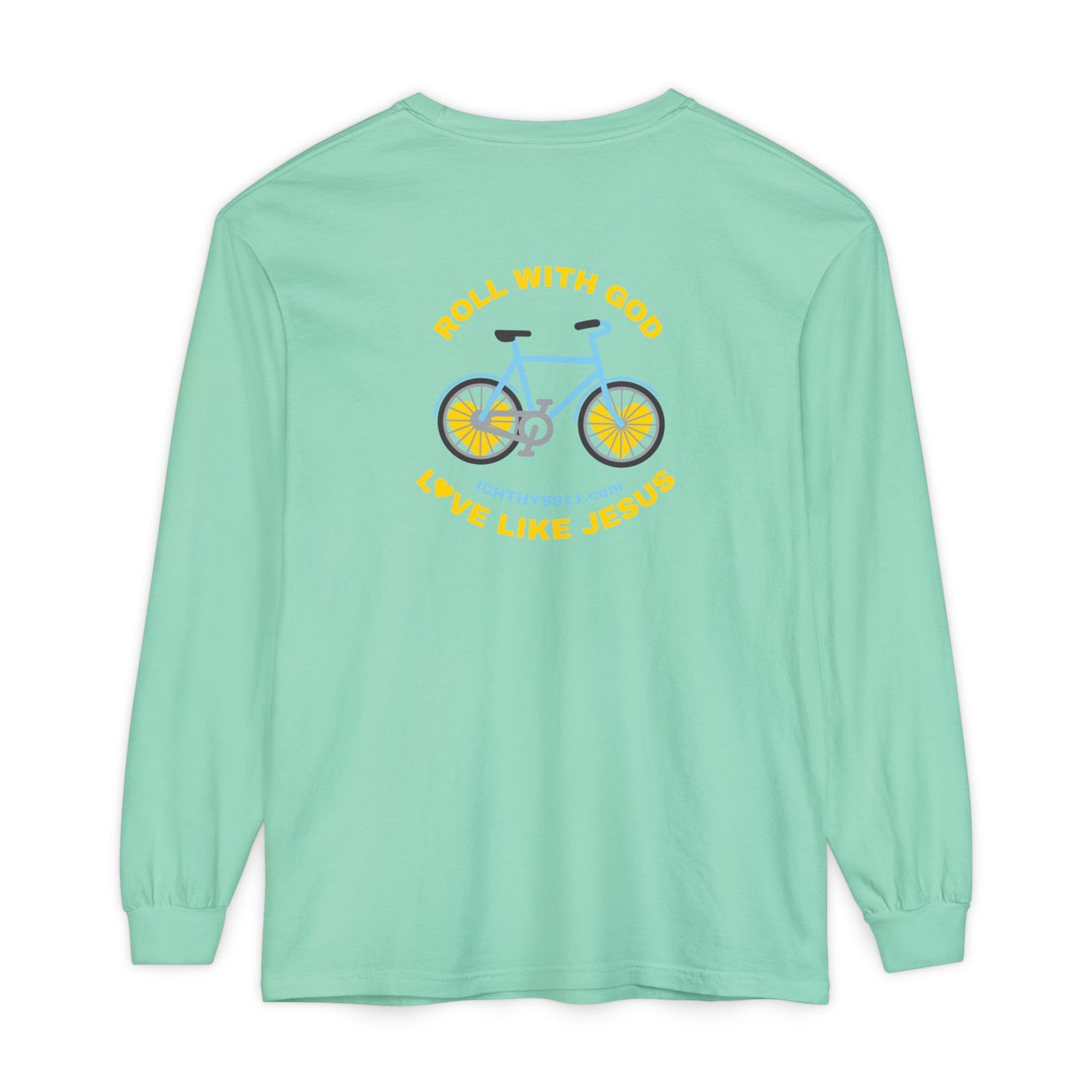 “Roll With God, Love Like Jesus” Bike Graphic -Unisex T- Shirt - Gold Font - Men T- Shirt - Women T-Shirt - Christian T-Shirt - ICHTHYS 911 - Soft - Garment-Dyed