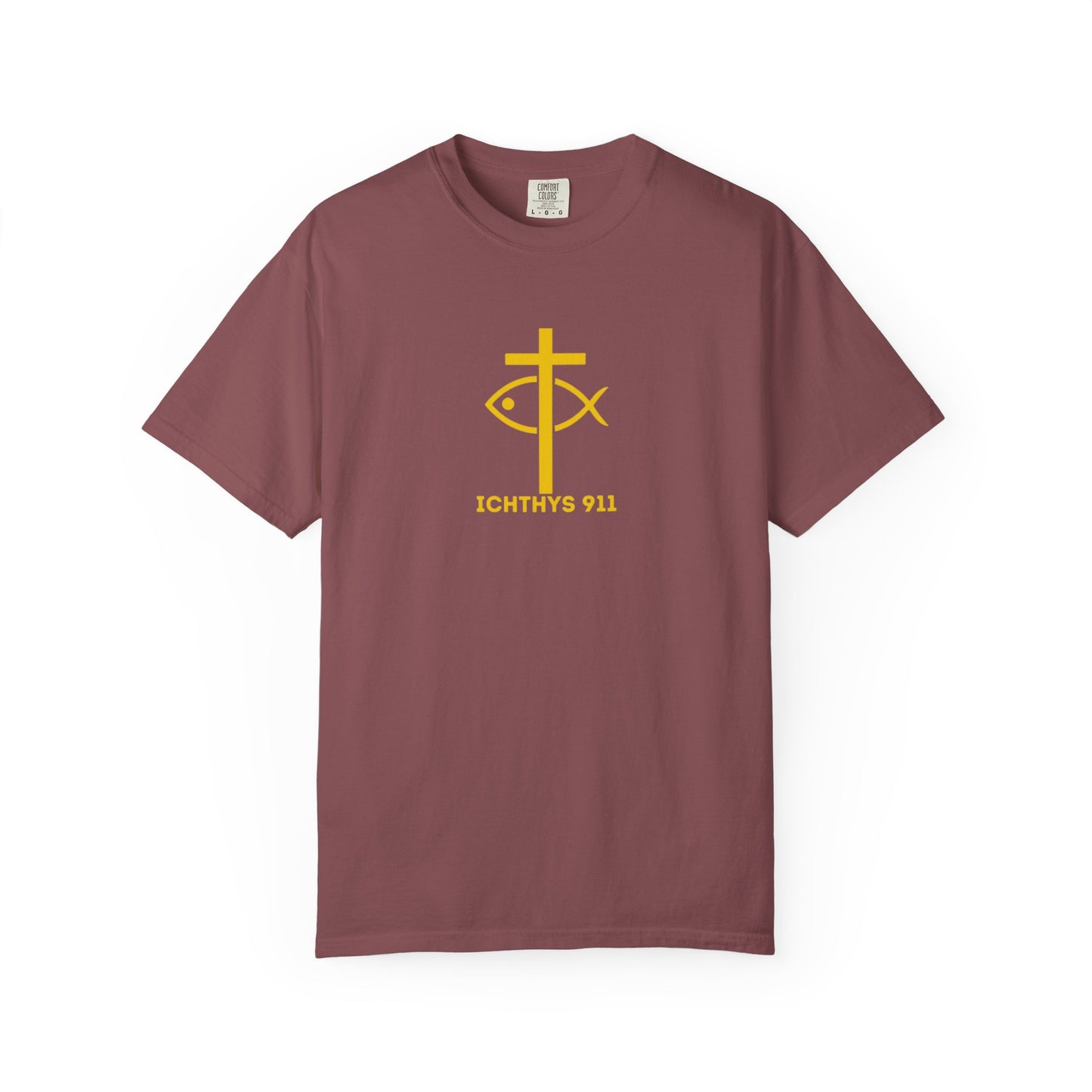 ICHTHYS 911 - "God Sees the Heart" Reverse' Gold Font - Unisex Garment - Dyed T-Shirt - 100% US Cotton - Men T-Shirt - Women T-Shirt - Inspirational Graphic T-Shirt for Everyday Motivation