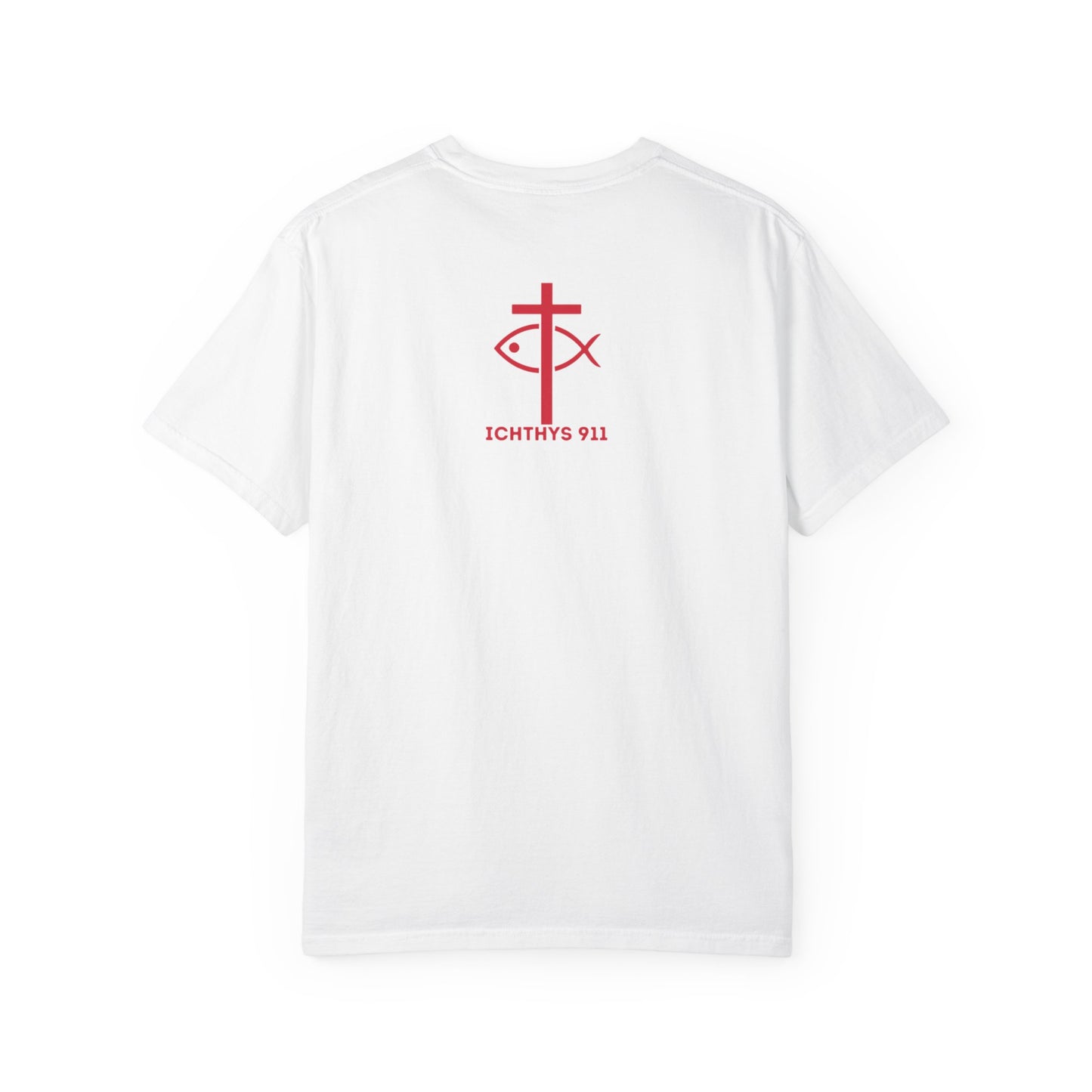 ICHTHYS 911 - "God Sees the Heart" Reverse Design - White Font - Unisex Garment - Dyed T-Shirt - 100% US Cotton - Men T-Shirt - Women T-Shirt - Inspirational Graphic T-Shirt for Everyday Motivation