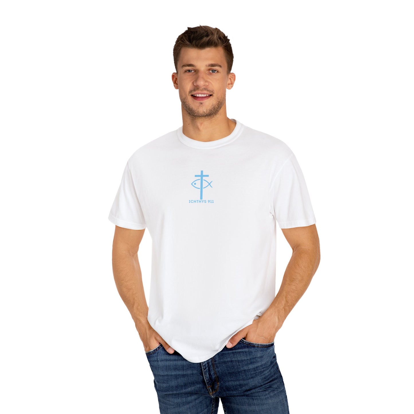 ICHTHYS 911 - Blue Font - Vendor - "Iēsous Christos, Theou Yios, Sōtēr" - Garment-Dyed Unisex T-Shirt - Men T-Shirt - Women T-Shirt - Christian Symbol - Greek - Faith Inspired -Christian Streetwear – Jesus Gym & Faith Fashion, Unisex Garment