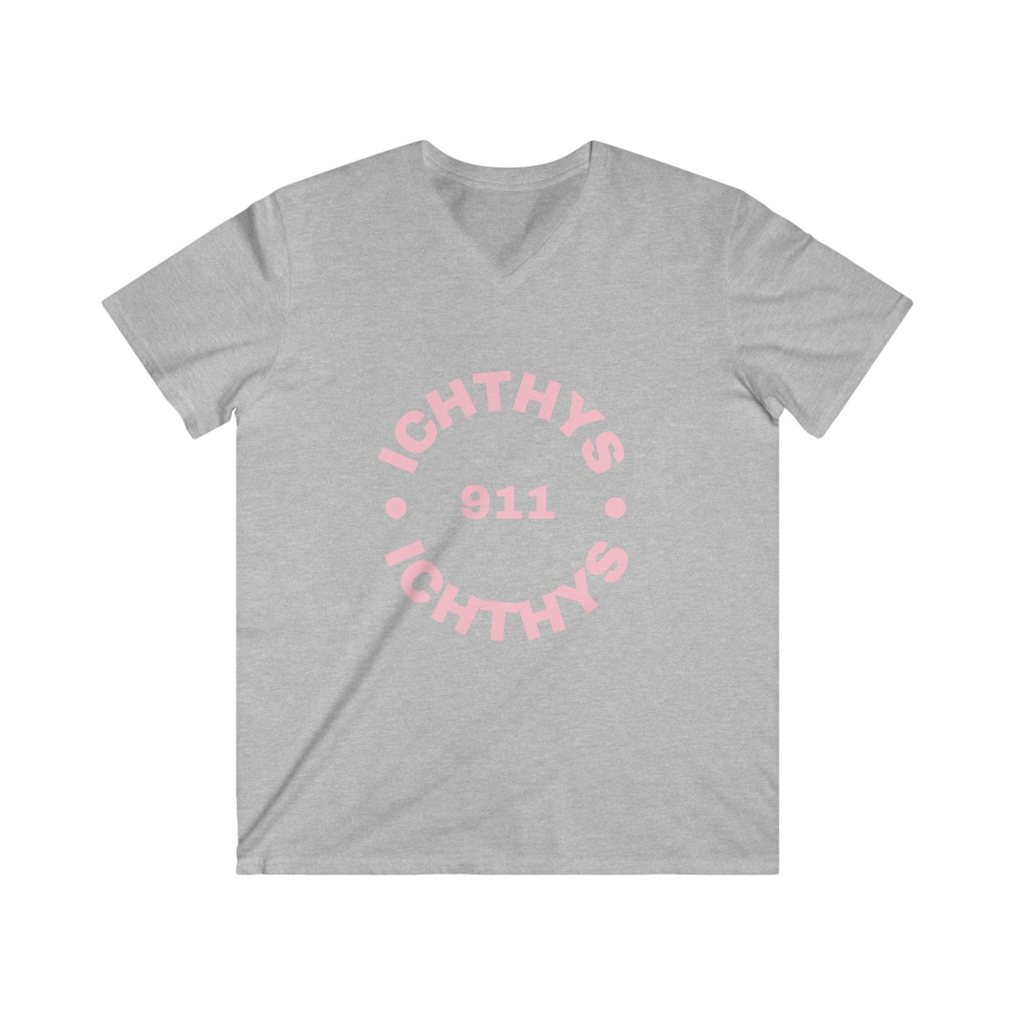 ICHTHYS 911 - Authentic Round Collection - Reverse - Men's Fitted V-Neck Short Sleeve T - Shirt - Faith-Inspired - Christian Faith - Pink Font