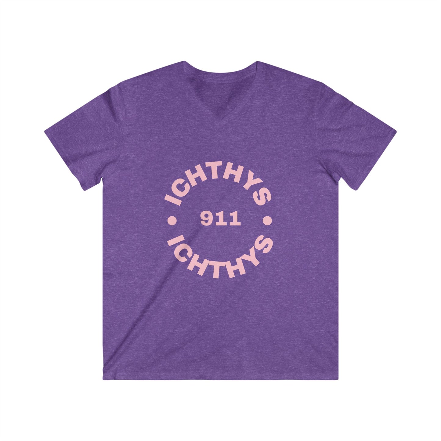 ICHTHYS 911 - Authentic Round Collection - Reverse - Men's Fitted V-Neck Short Sleeve T - Shirt - Faith-Inspired - Christian Faith - Pink Font