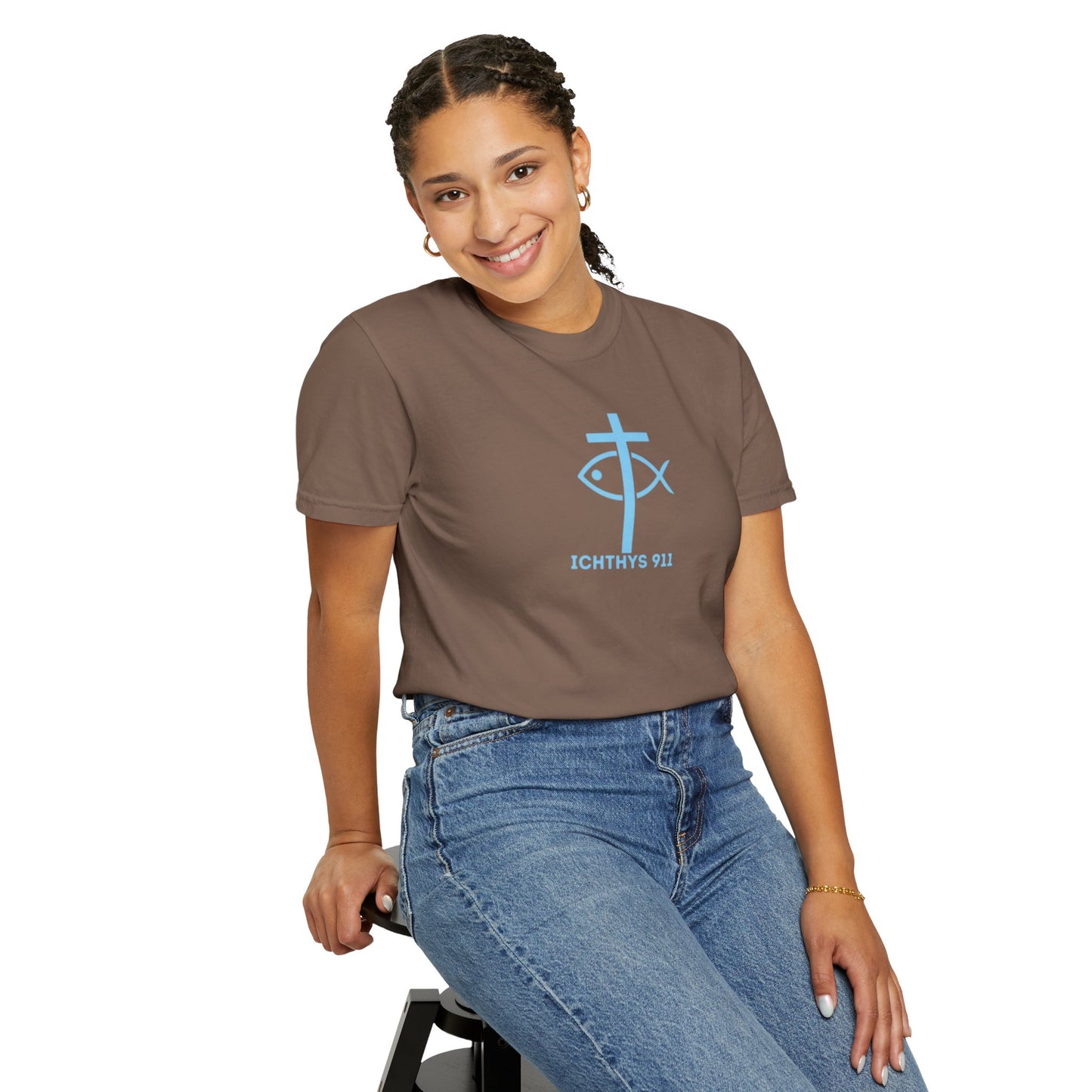 ICHTHYS 911 - Blue Font "Iēsous Christos, Theou Yios, Sōtēr" - Garment-Dyed - 100% US Cotton - Unisex T-Shirt - Men T-Shirt - Women T-Shirt - Christian Symbol - Greek - Faith Inspired -Christian Streetwear – Jesus Gym & Faith Fashion, Unisex Garment
