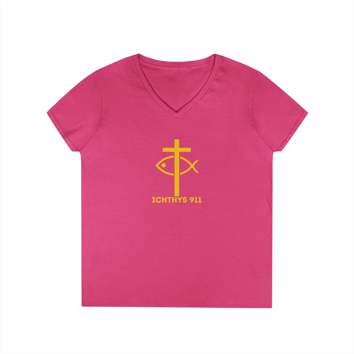 God Sees The Heart Gold Font Women’s Faith-Inspired V-Neck T-Shirt - ICHTHYS 911 Design911 Design