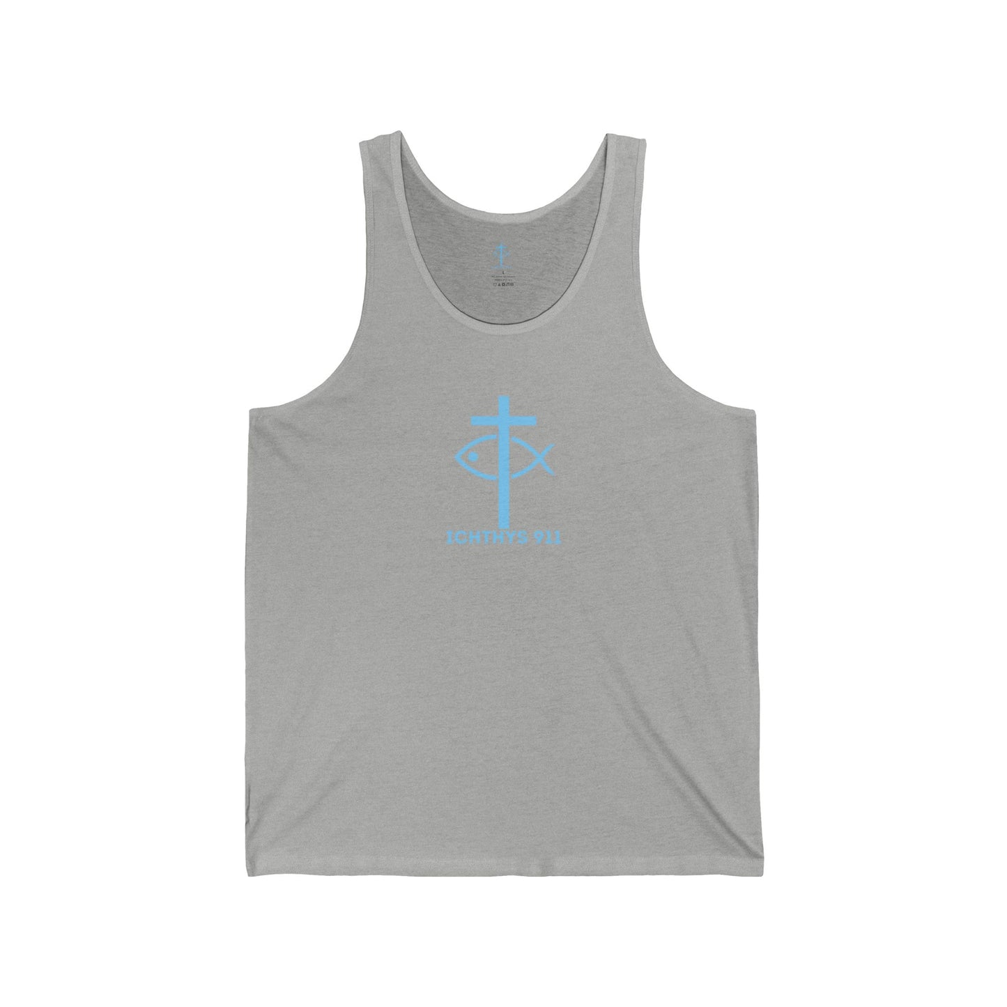 ICHTHYS 911 Blue Font "Faith & Strength" Extra Light - Unisex - Men Tank - Women Tank - Jersey Tank - Casual Christian Symbol Graphic Tank Top