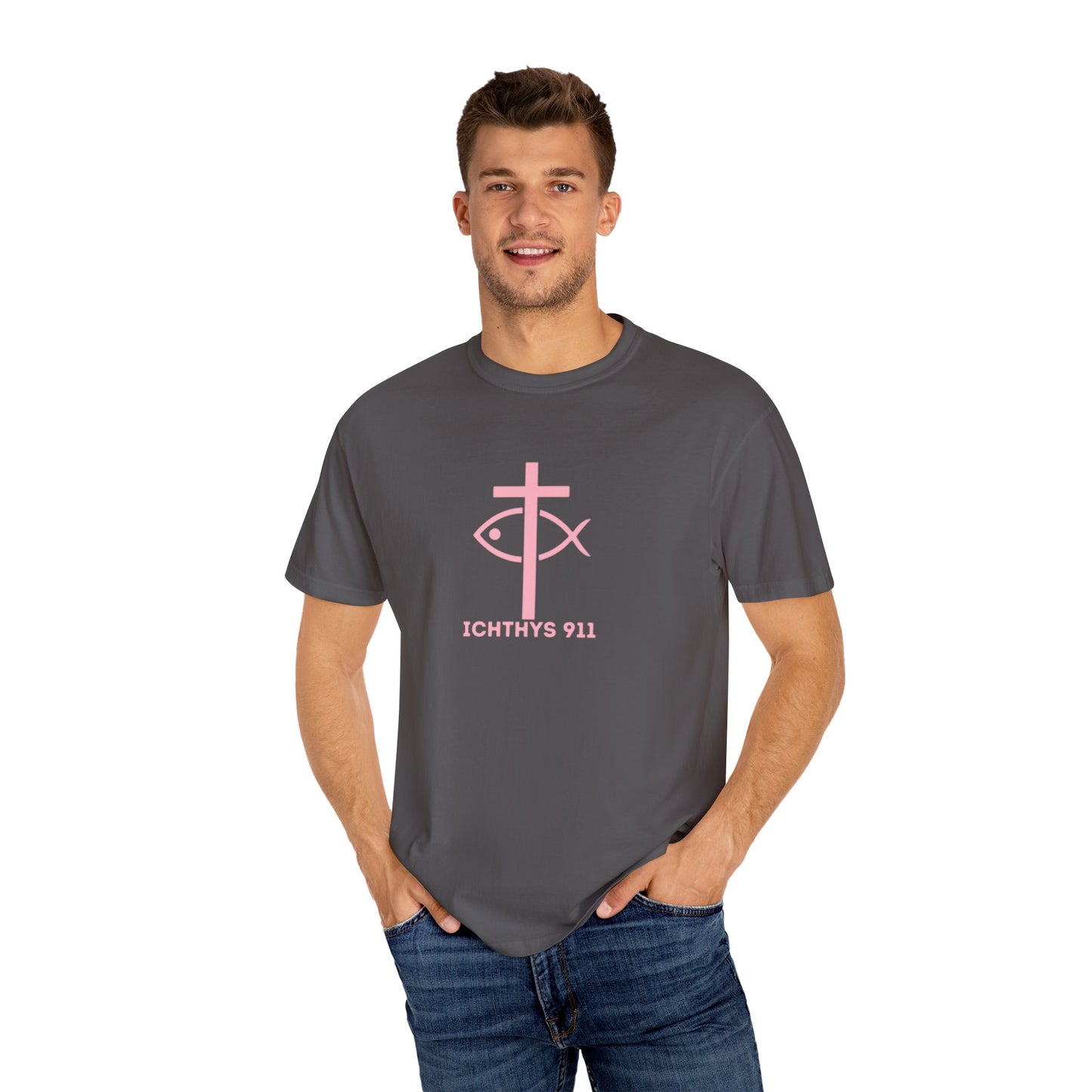 ICHTHYS 911 - Authentic - Christian Streetwear T-Shirt / Sweatshirt – Jesus Gym & Faith Fashion, Unisex Garment-Dyed T-Shirt Soft Pink Font