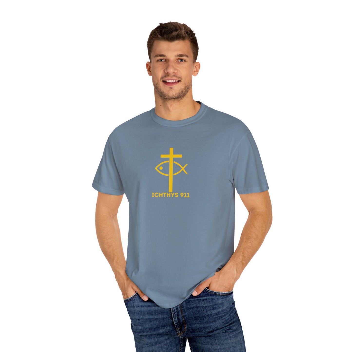 ICHTHYS 911 - "God Sees the Heart" Reverse' Gold Font - Unisex Garment - Dyed T-Shirt - 100% US Cotton - Men T-Shirt - Women T-Shirt - Inspirational Graphic T-Shirt for Everyday Motivation